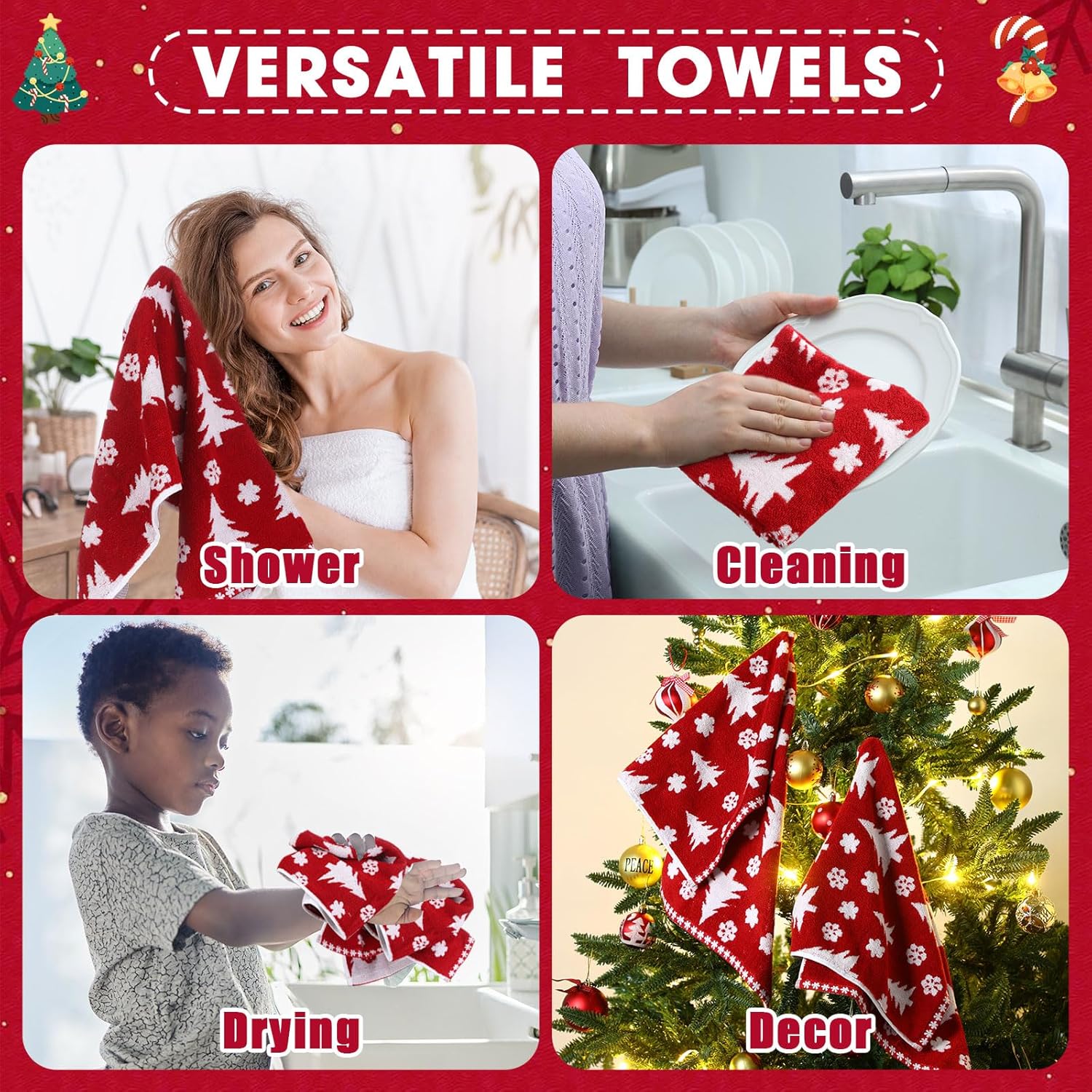 Peryiter 2 Pcs Christmas Hand Towels Red Christmas Tree Towels for Bathroom 100% Cotton Highly Absorbent Soft Decorative Kitchen Washcloths for Holiday Xmas Gift Bath Home Decor, 29 x 13 Inch - Image 5