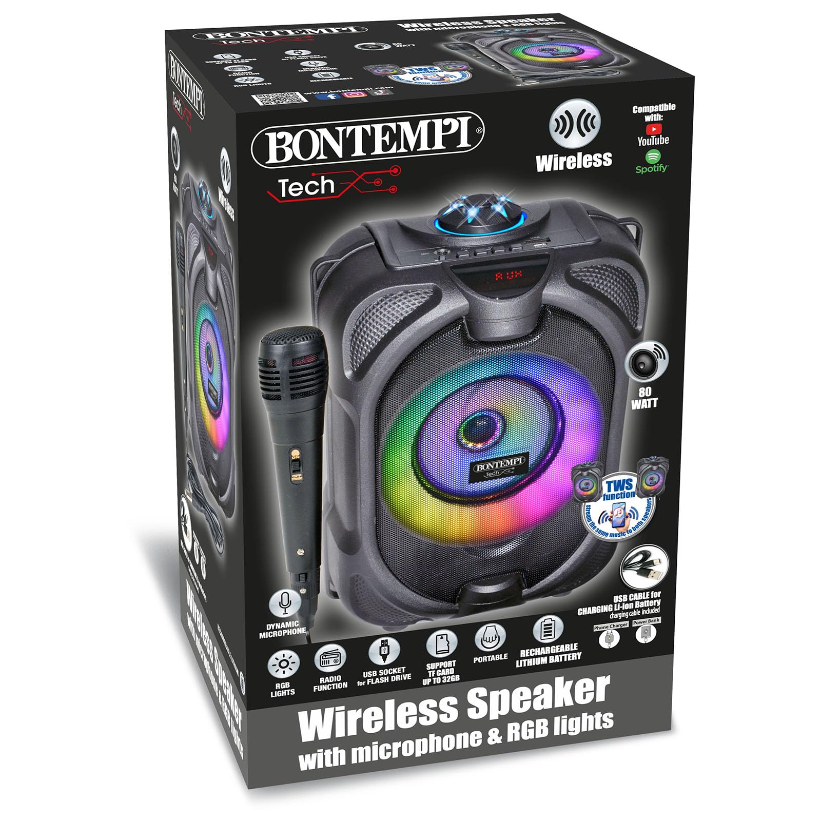Bontempi | SonicSync - Amplificateur Audio sans Fil avec Microphone Dynamique, Effets Lumineux et Effet D'Écho, 31.7x19.4x15.1 cm