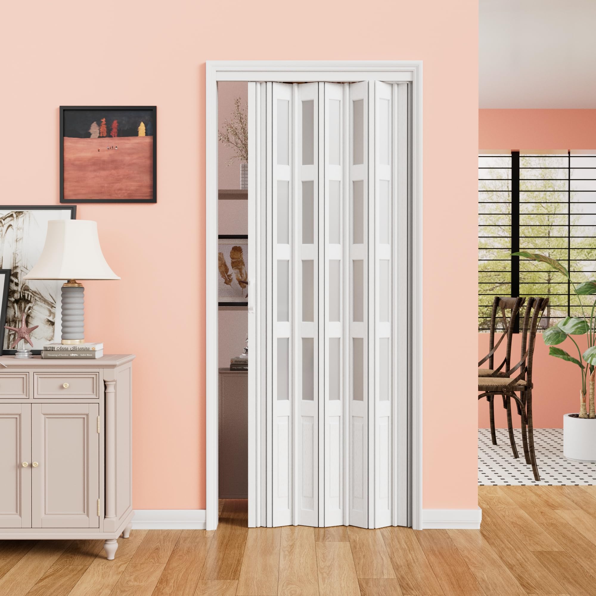 24"-36" x 80" Accordion Doors with 4 Frosted Acrylic Panels, PVC Bifold Accordion Door for Closet, Including Complete Hardware & Handle, Folding Doors for Closet, Easy Installation