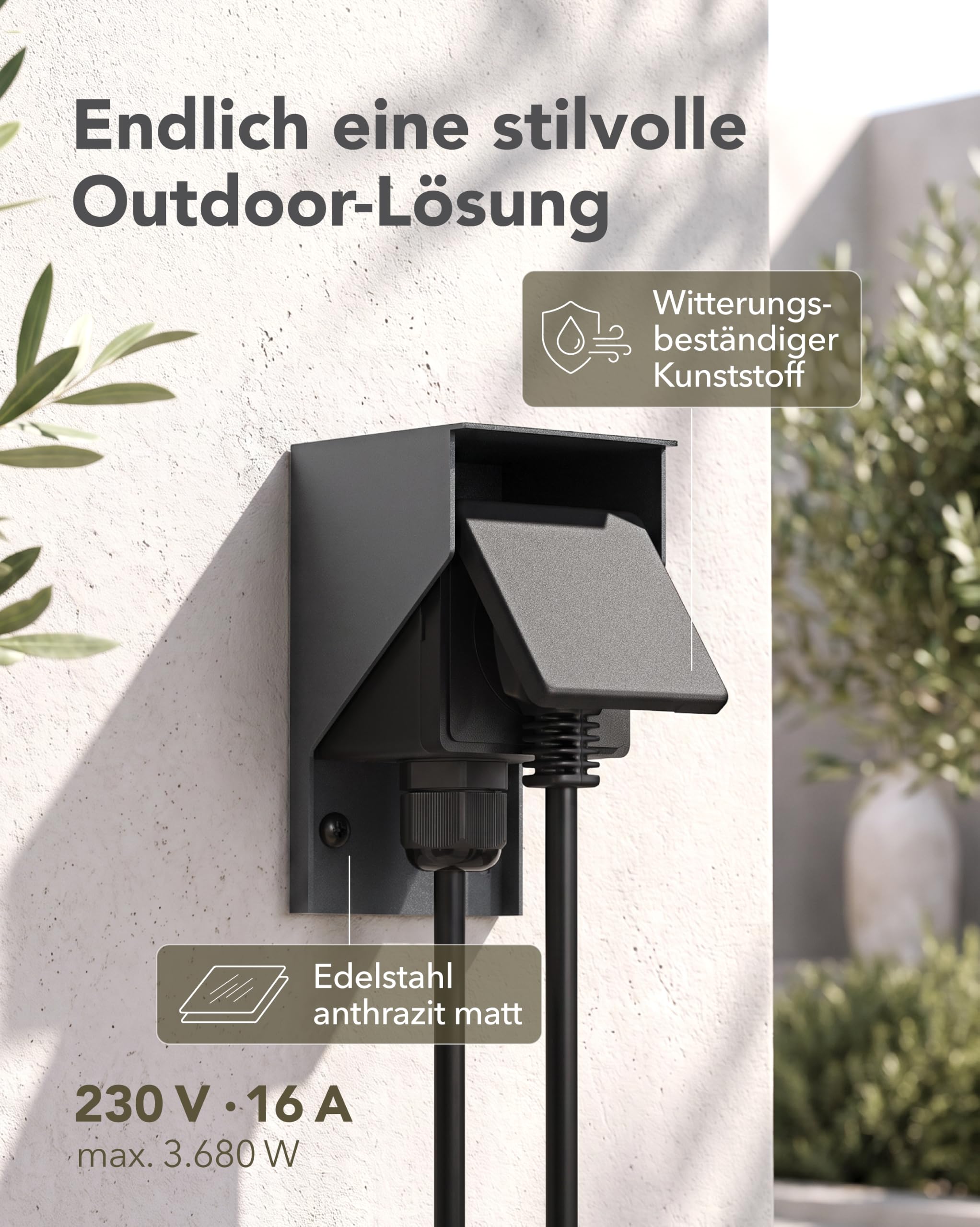 ledscom.de 3x Aufputz Steckdose PIWI für außen und 2m Kabel, IP44, 1-fach, anthrazit
