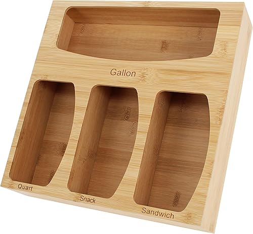 CreekView Home Emporium Organizador de bambú para sándwich para cajón de cocina, compatible con bolsa de varios tamaños de galón, cuarto de galón,