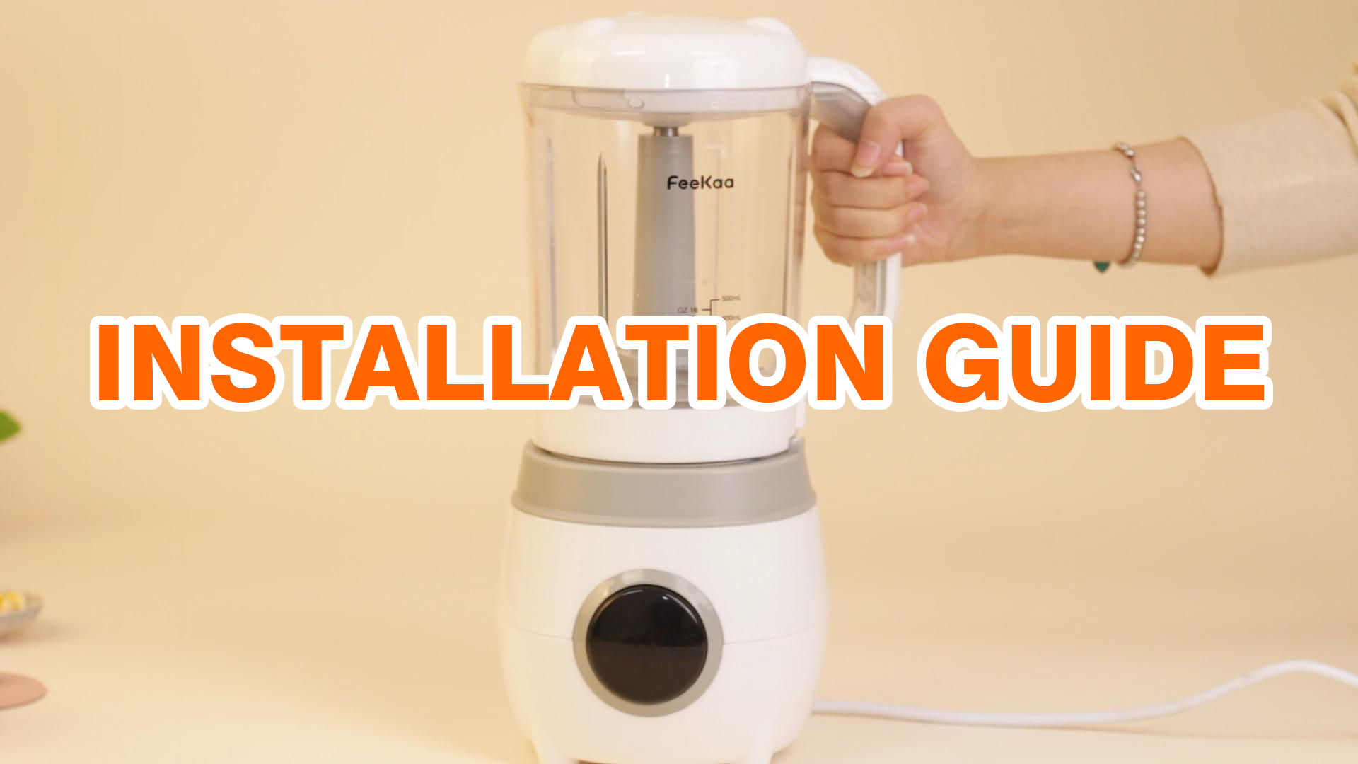 Diagram showing all included components of the Feekaa Baby Food Maker, including the main unit, lid, blade unit, jar, motor unit, egg rack, spatula, user manual, and service card.