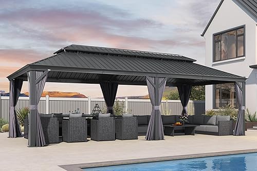 Miniatura 12 de PURPLE LEAF Gazebo grande para exteriores de 12 x 24 pies con acero galvanizado y luz para césped y jardín, glorieta permanente de techo duro, color