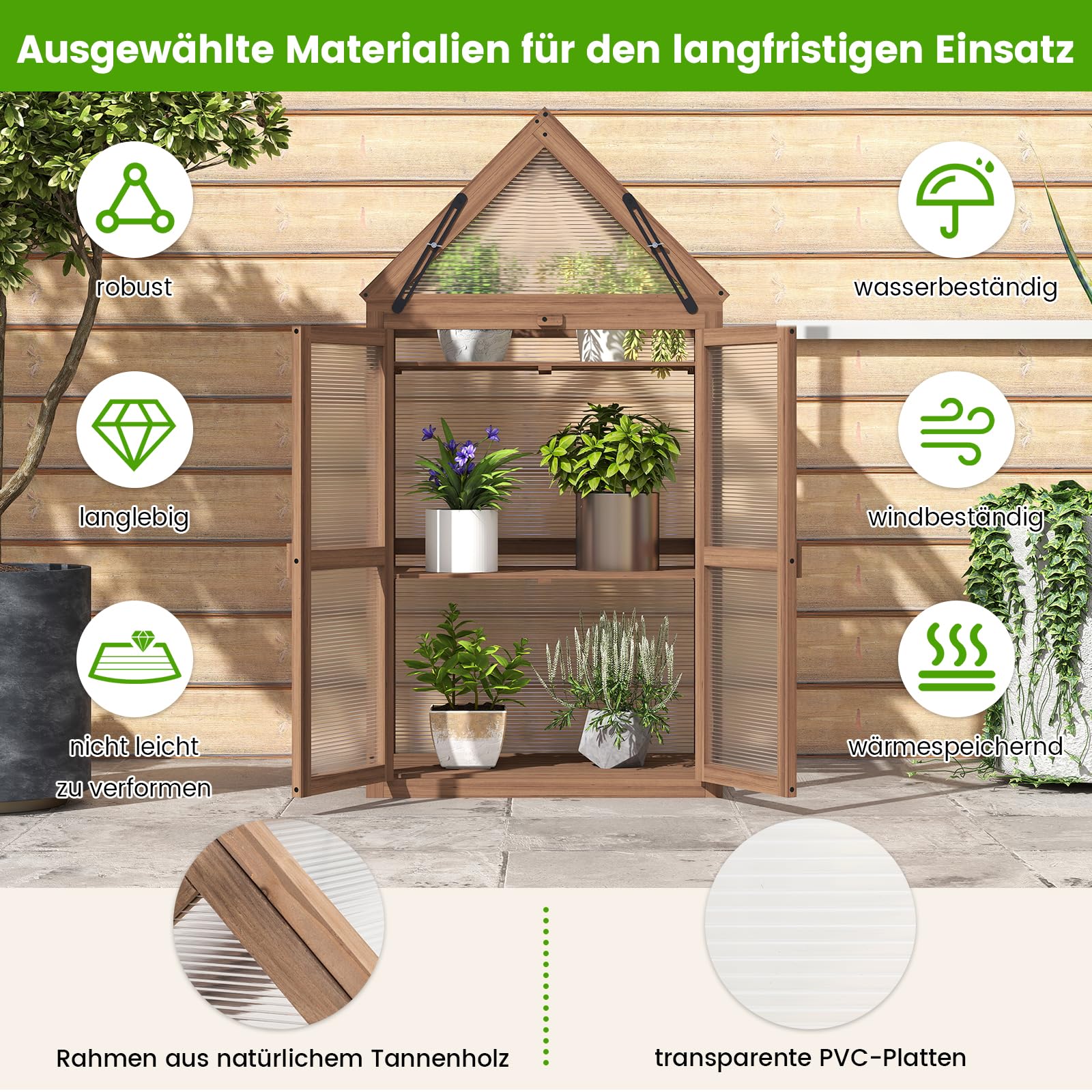 GOPLUS Mini Gewächshaus, 3-stöckiges Anzuchthaus, Treibhaus Holz, erhöhtes Pflanzenbeet mit transparentem Doppeltüren & aufklappbarem Dach, Frühbeet Tomatenhaus Aufzuchtschrank für Garten, Hof, Balkon