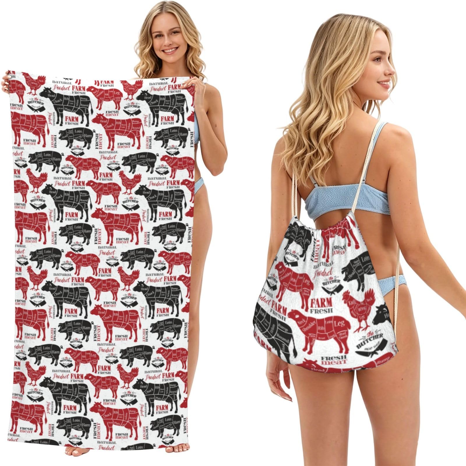 Poadnly As Picture Meat Cuts Diagrams Butcher Shop, 2 In 1 Packable Towel Bag, Beach Towels With Drawstring Backpack For Travel Holiday Camping