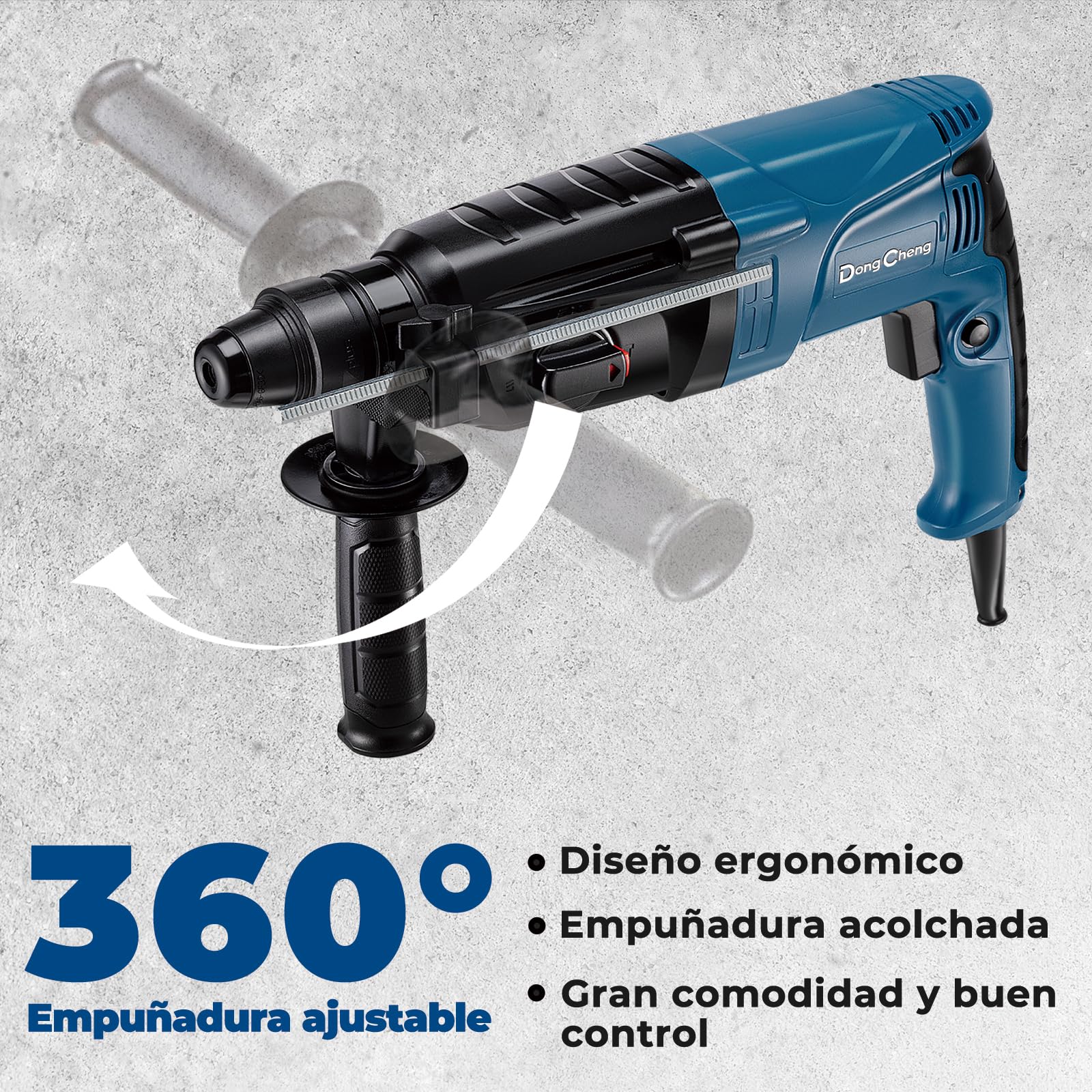 DongCheng martillo perforador 800W, energía de impacto 2.8 J, velocidad de ralentí 0-1200U/min, con 4 brocas SDS plus, 26 mm, taladro 4 en 1, martillo de demolición, mango antivibración