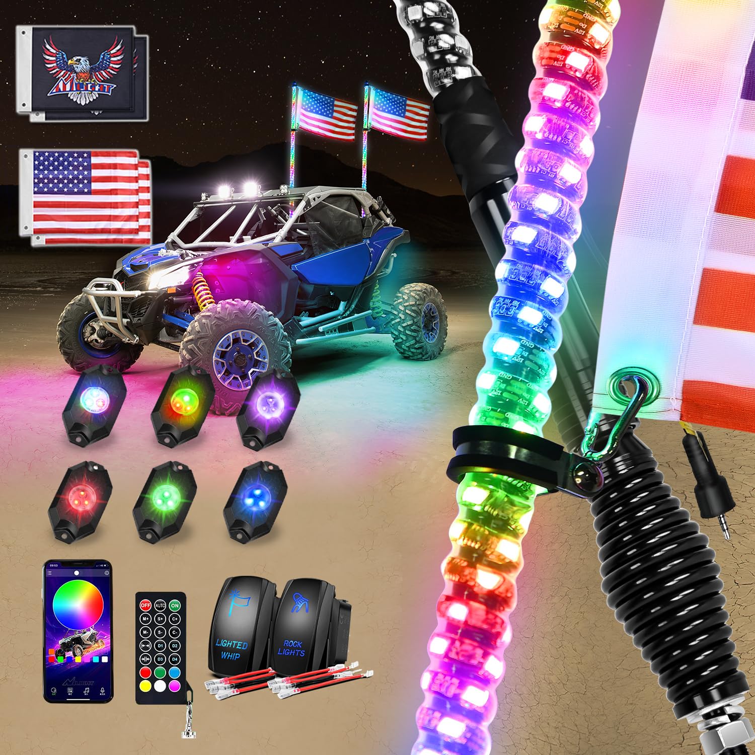 Nilight RGB LED Whip Light 2PCS 3FT with 6 Rock Lights Combo