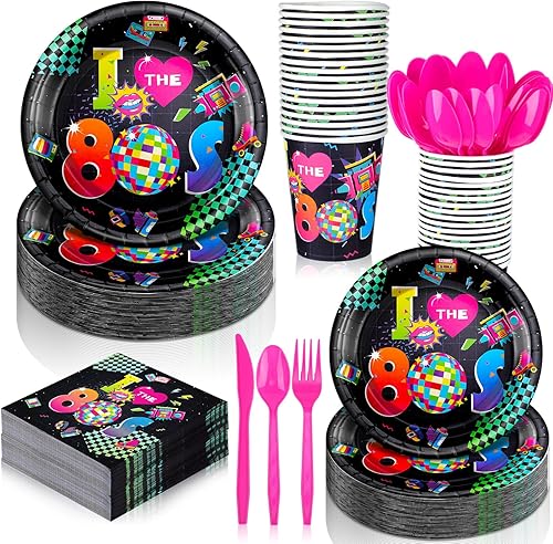 Yungyan Juego de 252 platos y servilletas retro de los años 80 I Love the 1980s Party Decor Back to the 80s Servilletas platos, vasos, cuchillos,