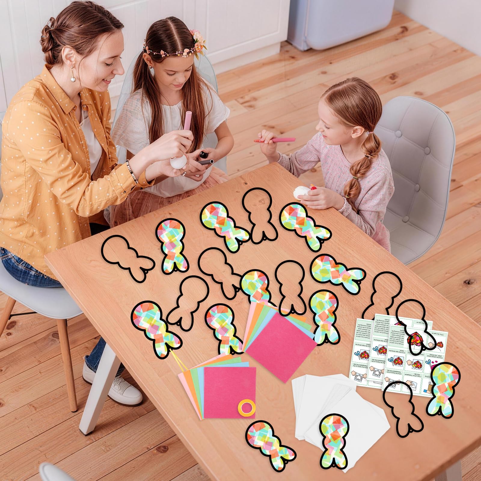 Qyeahkj Juego de 36 atrapasueños de conejo de Pascua, manualidades para niños, conejos coloridos, kit de manualidades de papel de seda, decoración colgante para Pascua, aula, hogar, actividad