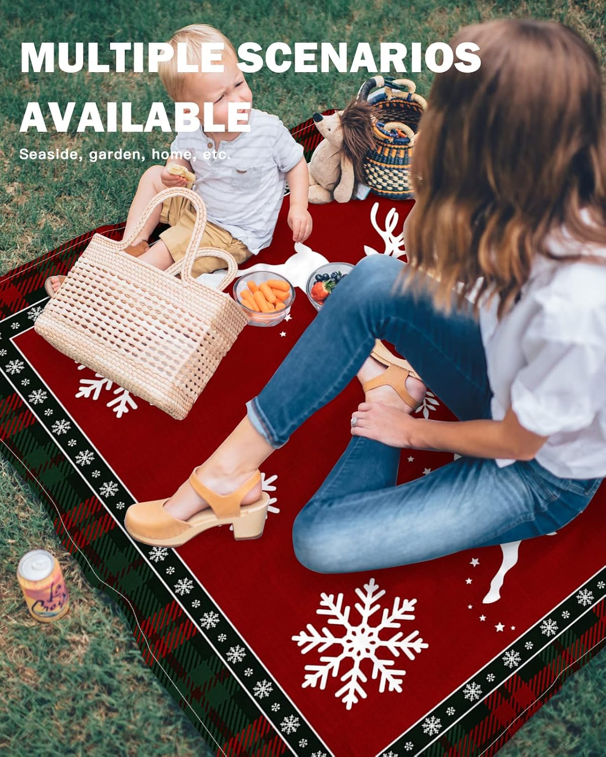 Vintage Christmas White Elk with Snowflake Beach Blanket Waterproof Sandproof Outdoor Picnic Mat 83"x79" Tartan Grid Lightweight Large Beaach Blankets with 4 Stake & 4 Corner Pockets