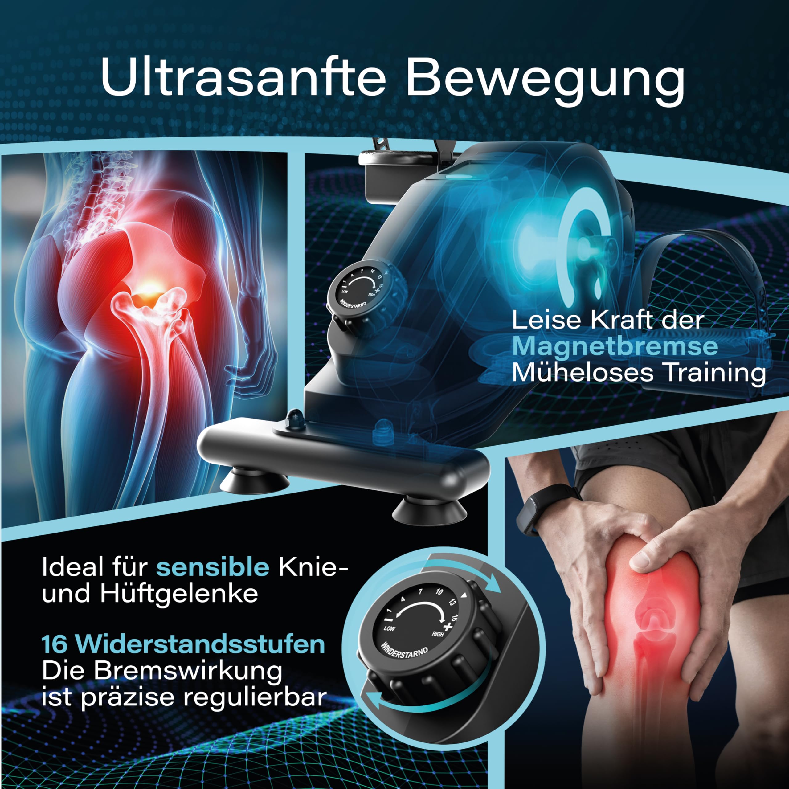 Pedaltrainer Ergometer Set [Magnetbremse & 16 Widerstandsstufen] Beintrainer & Armtrainer mit Trainingsmonitor | Heimtrainer Fahrrad Fitnessgeräte für Zuhause | Bewegungstrainer Senioren - AMBIFIT