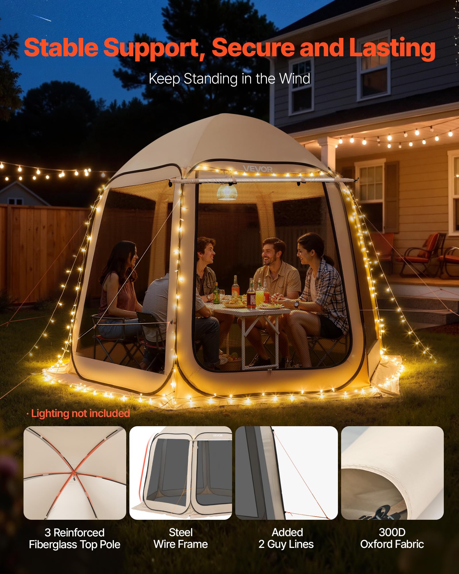VEVOR Carpa Plegable Portátil con Mosquitera, 3030 x 2650 x 2300 mm, para 4-8 Personas, Polígono de 6 Lados, con Toldo Extensible, Bolsa de Transporte, Laterales de Malla, para Patios, Beige