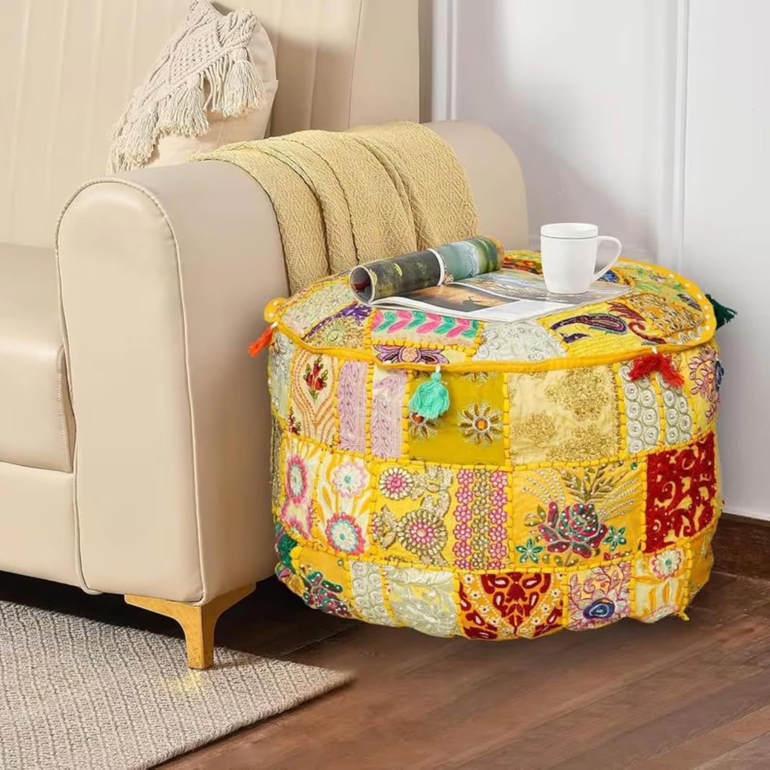 Bohemian Indian Patchwork Ottoman Pouf Cover – 14"x22" inch Round Cotton Embroidered Footstool Pillow – Vintage Ethnic Decor, Yellow (Cover Only)