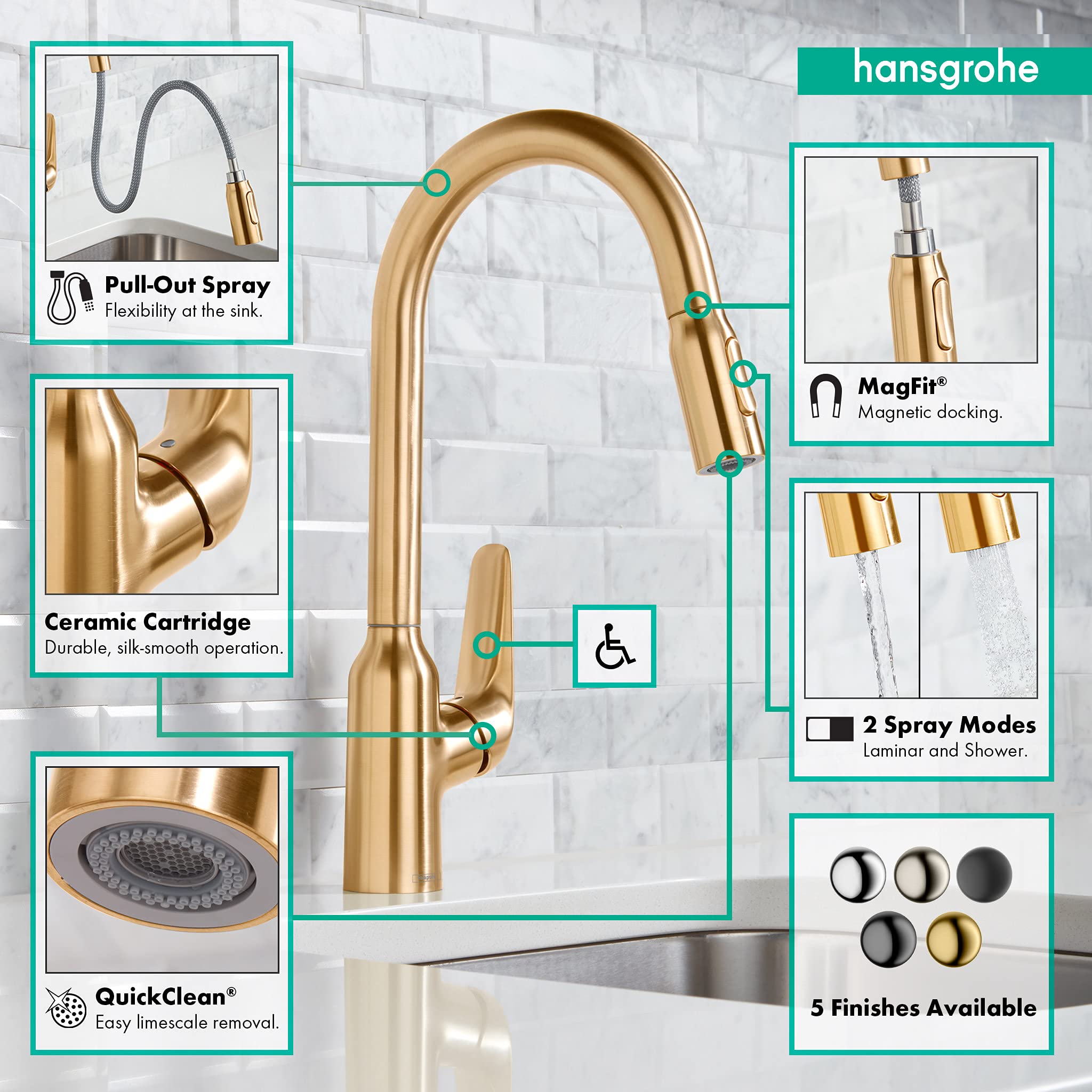 hansgrohe Focus N - Grifo de cocina de arco alto con 1 mango de 40,6 cm de alto, rociador de extracción fácil de limpiar en oro cepillado óptico, 71800251