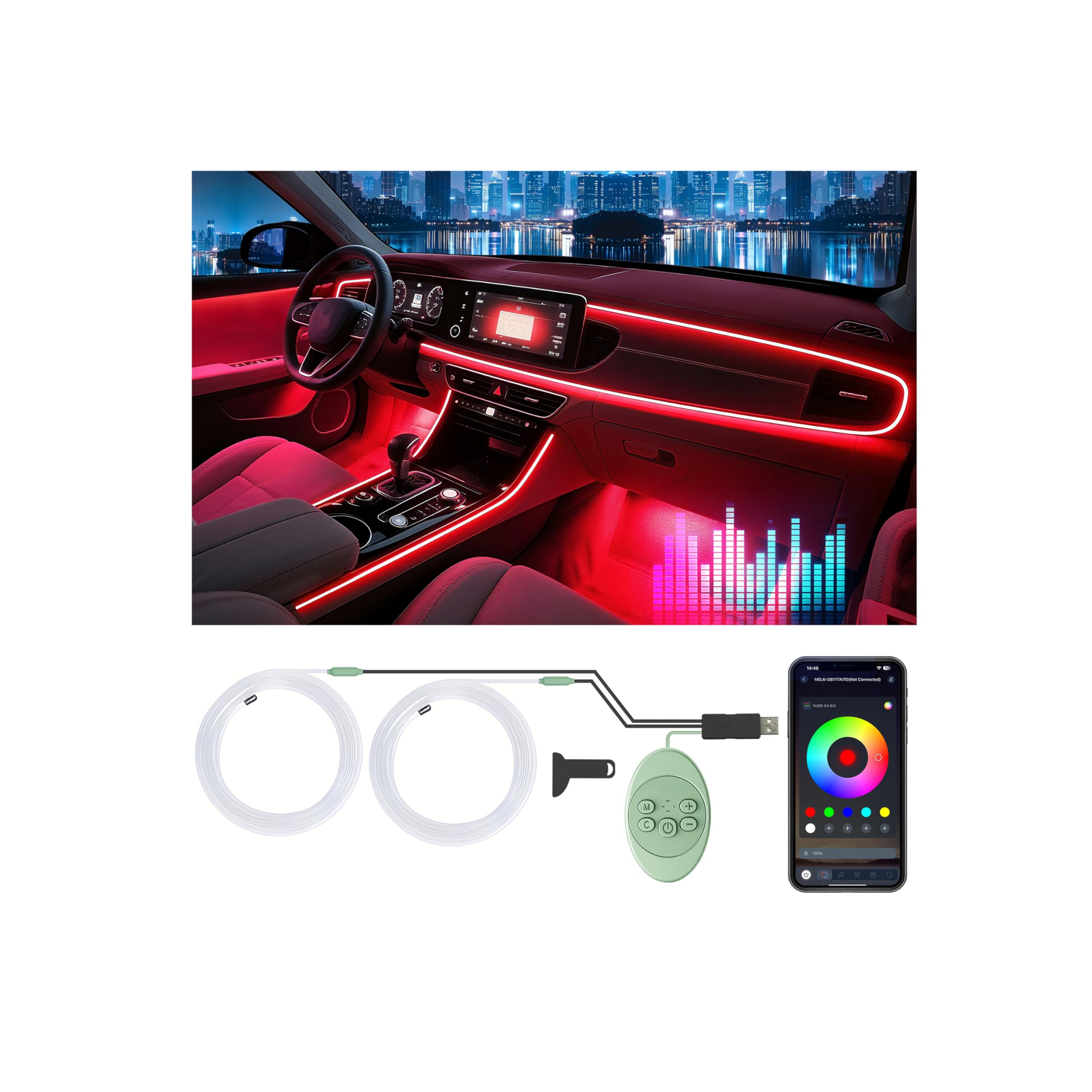 Car Led Strip Lights, Interior Car Lights, App Control Ambient Lighting Kit With RGB 16 Million Colors Fiber Optics&Music Sync Rhythm, USB Neon Light Accessories for Center Console&Dashboard, Upgraded