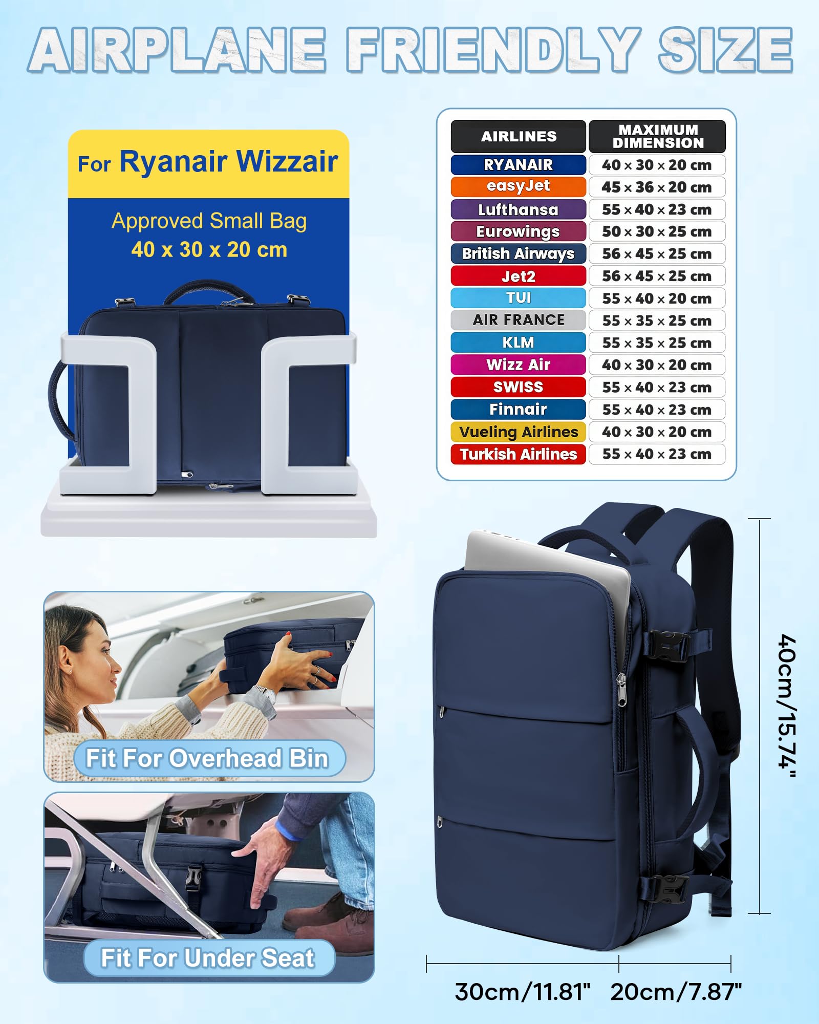 SZLX Zaino Ryanair 40x30x20 Sottovuoto Zaino da Viaggio 40x20x25 Bagaglio a Mano 40x30x20 Wizzair Donna Uomo Borsa da Cabina per Easyjet 45x36x20 Adatto a Laptop da 14 Pollici Impermeabile per Lavoro