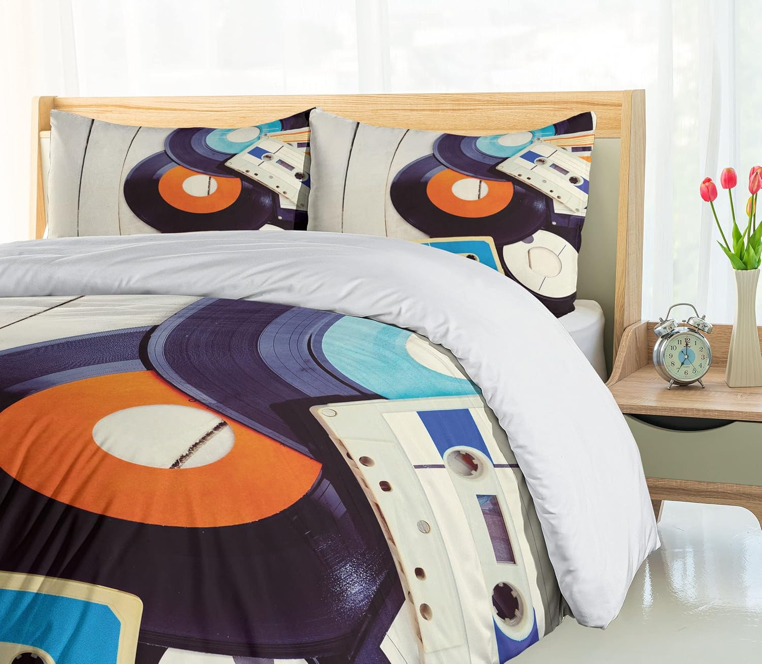 Ambesonne Indie Duvet Cover Set, Gramophone Records and Old Audio Cassettes on Wooden Table Nostalgia Music, Decorative 3 Piece Bedding Set with 2 Pillow Shams, King Size, Blue Orange Black King Blue Orange Black