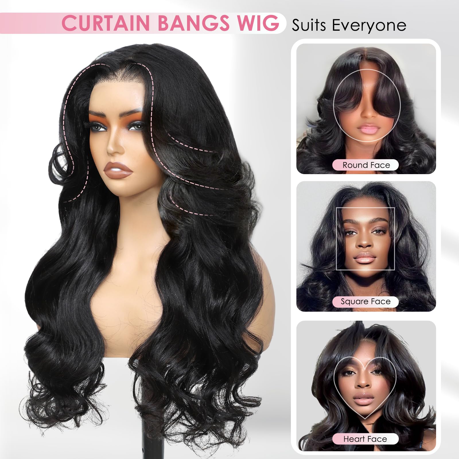 Beluck Face-Framing Curtain Bangs Loose Body Wave Glueless Wig Human Hair Wig Layered Cut 6x6 Pre Cut Transparent Lace Front Wigs Human Hair Wig 200 Density Glueless Wig For Women 20 Inch - Image 2