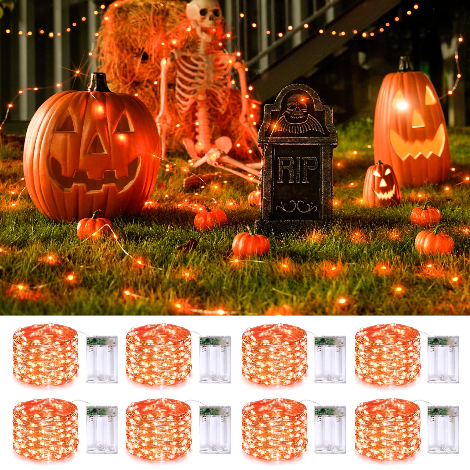 JMEXSUSS 8 Pack 50 LED Orange Fairy Lights Battery Operated, 16 Ft Orange Halloween Lights for Parties, Garden, Patio Decorations