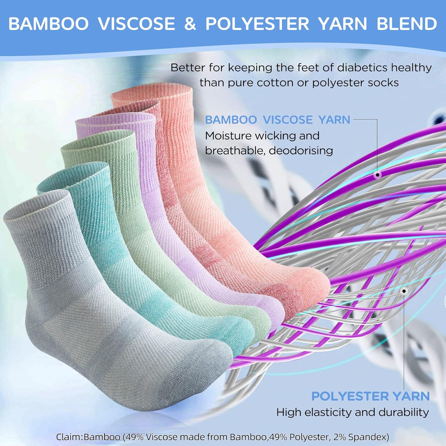 Bulinlulu Bamboo Viscose Diabetic Socks, 6 Pairs Non Binding Ankle Socks, Reinforced Toe, Size 6-9/9-11/13-15 - Image 5