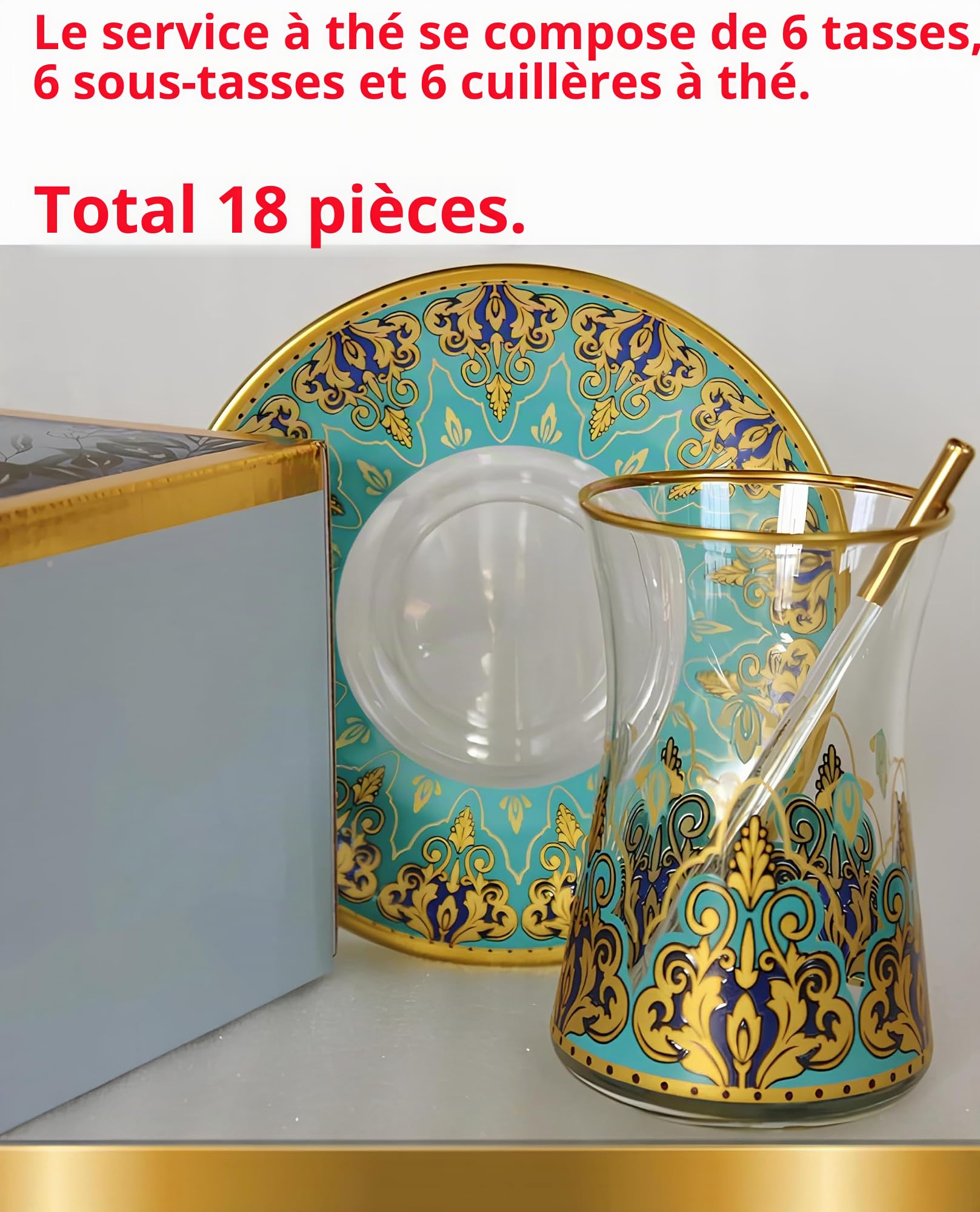 Lot de 6 verres à thé turcs faits à la main avec soucoupes - Tasses à thé turques vintage - Vaisselle arabe chic - Vintage persan