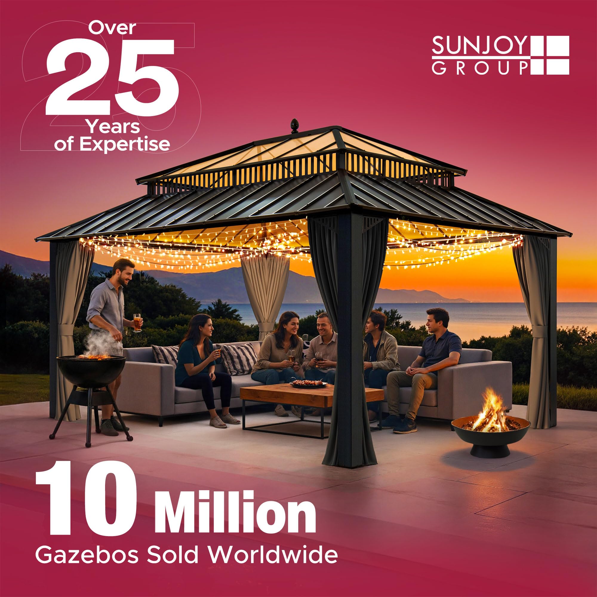 SUNJOY 2,4 × 1,5 m BBQ-Pavillon mit 2 Ablagen & 10 Haken, doppelluftdurchlässigem Dach, Stahlrahmen, wasserdichtem Hardtop-Grillunterstand, UV- & windbeständig, Outdoor-Kochen für Garten, Terrasse