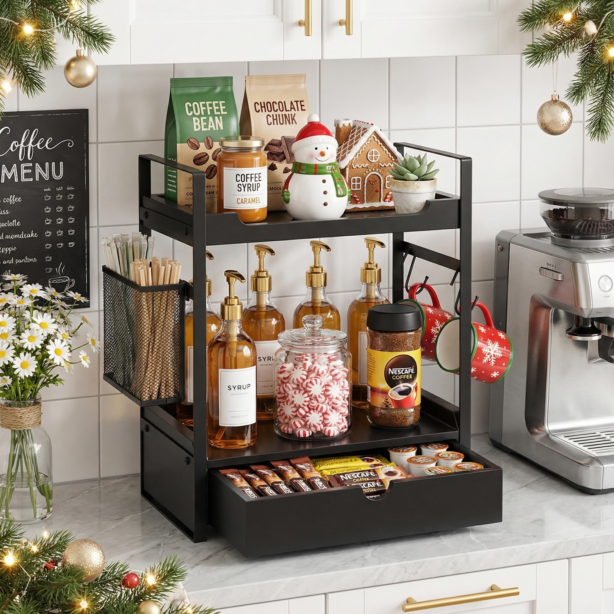 coffee station organizer countertop, wooden coffee bar accessories organizer with basket, 2 mug holder hooks and pod drawer, multifunctional 2 tier countertop organizer for kitchen, bathroom, office