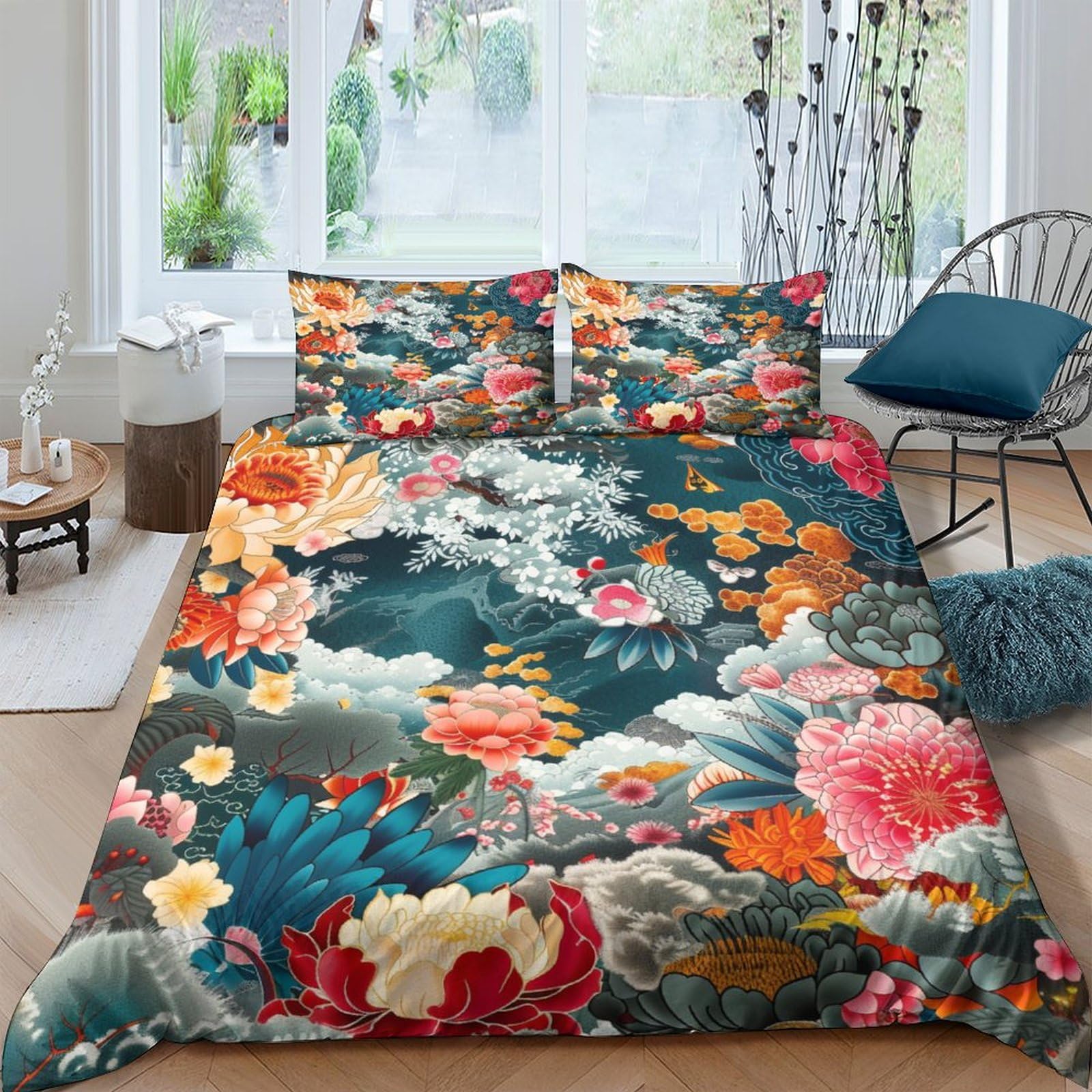 Parure de lit fleurs 3D en microfbre 200x200cm avec housse de couette et taies