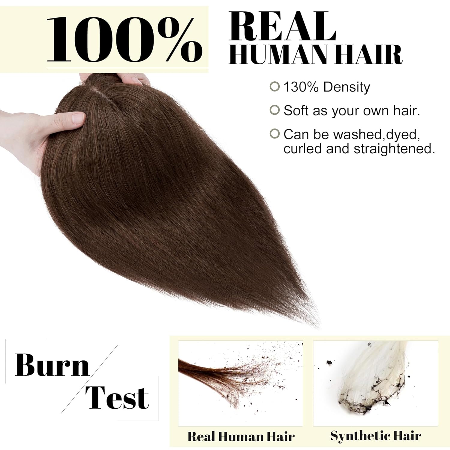 SEGO Hair Toppers for Women With Bangs Real Human Hair, 130% Density 10 * 12CM Silk Base Clip in Top Wiglet Hairpieces for Thinning Hair-10 Inch 04 Medium Brown