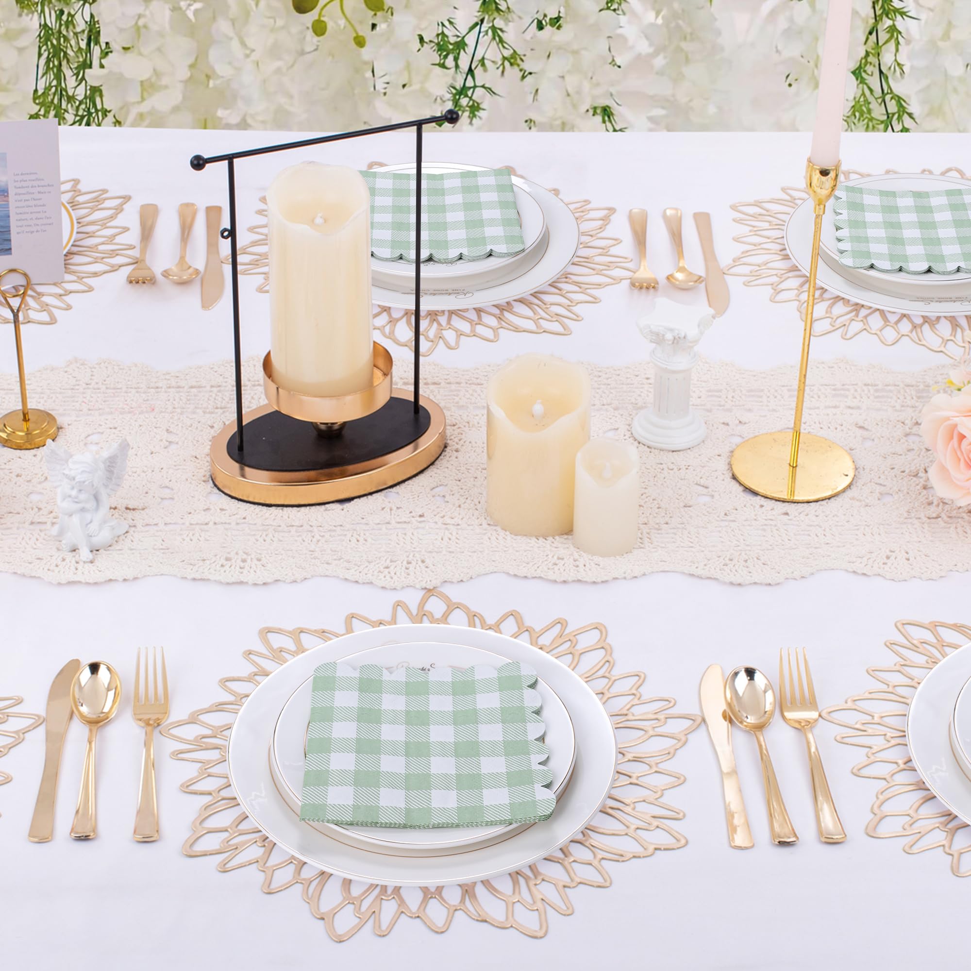 100 servilletas festoneadas verdes, servilletas a cuadros de 5 x 5 pulgadas, servilletas desechables de cóctel para bodas, fiestas de cumpleaños, baby shower, picnic