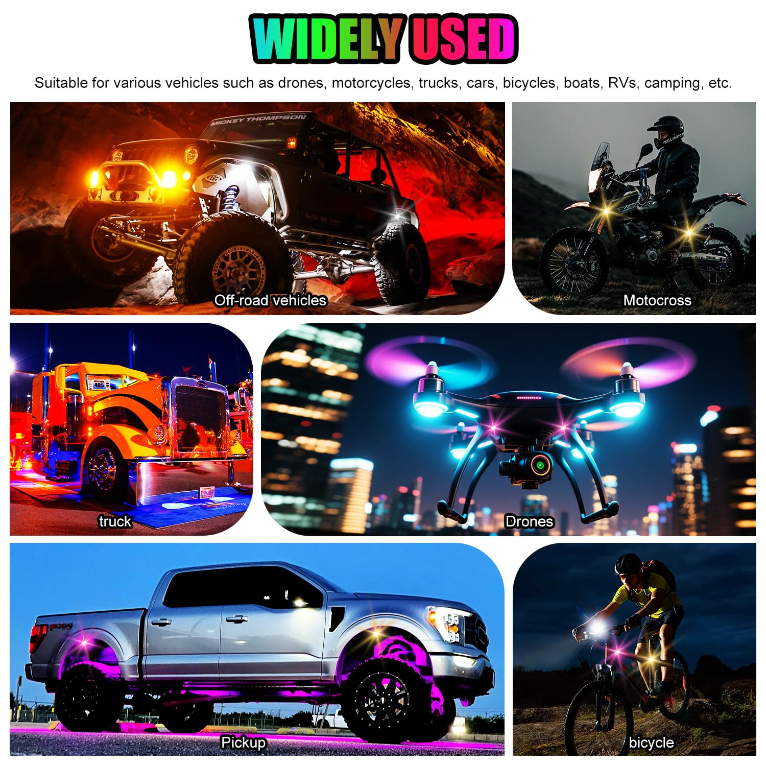 Wireless LED Lights for Car, Wireless Rock Lights with 8 Colors 10 Modes,Led Strobe Warning Light, Motorcycles, Boats, Camping, Bikes, Drones，Design in USA (4pcs Black)
