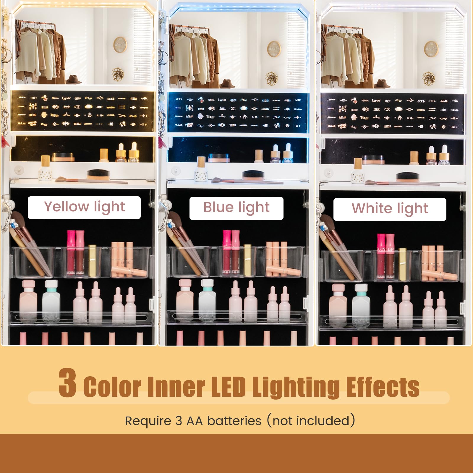HOMASIS Armario colgante para joyas, Joyero con espejo y cerradura con iluminación LED 3 colores, Armario para maquillaje con estante plegable, Mueble para colgar en la pared, 120x37x11cm, Blanco