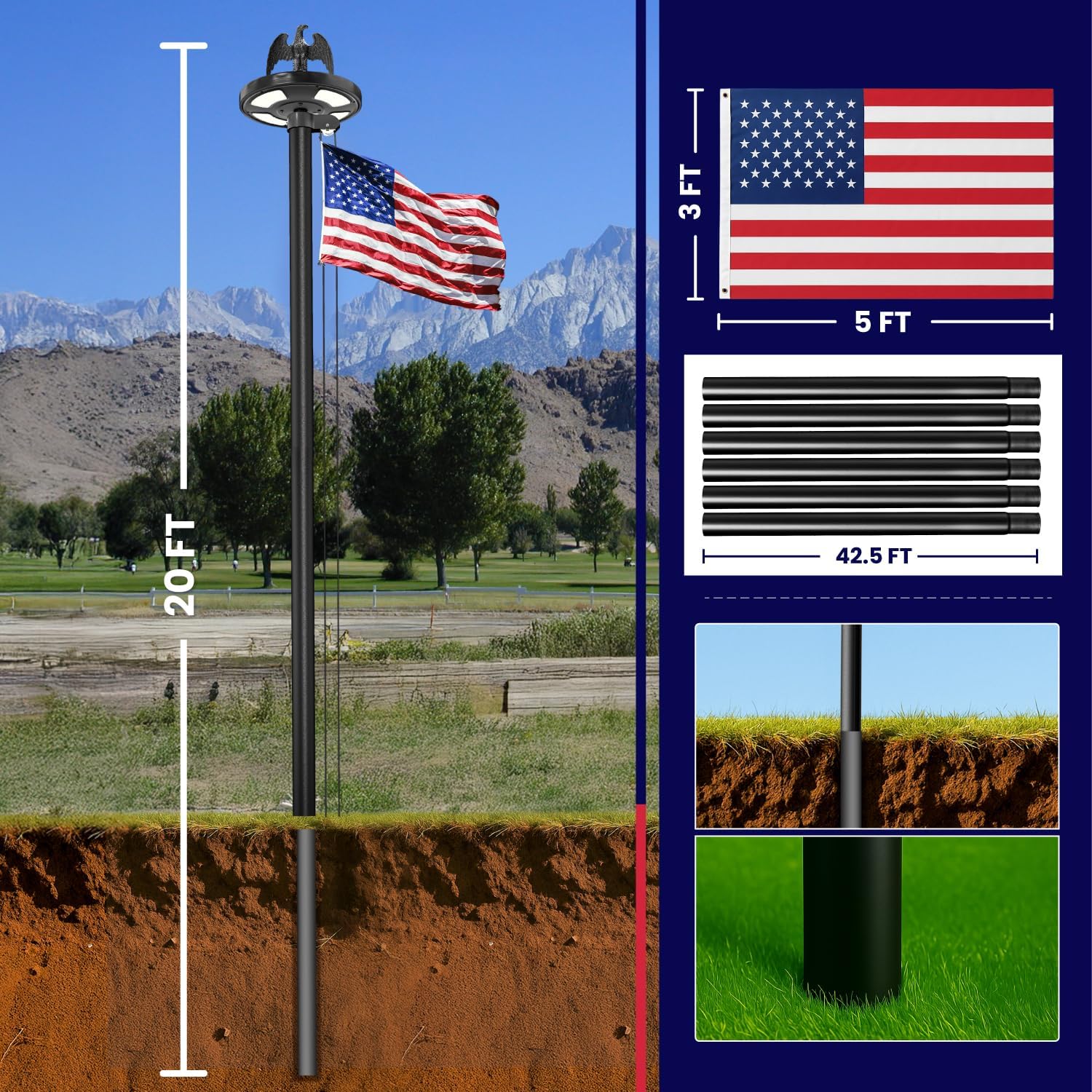 20 FT Heavy Duty Flag Pole with 144 LED Solar Light,12 Gauge Extra Thick Aluminum Flagpole for Outside House Powered and Flag Outdoor,Inground Flag Pole Kit for Residential Commercia(20FT with Light)