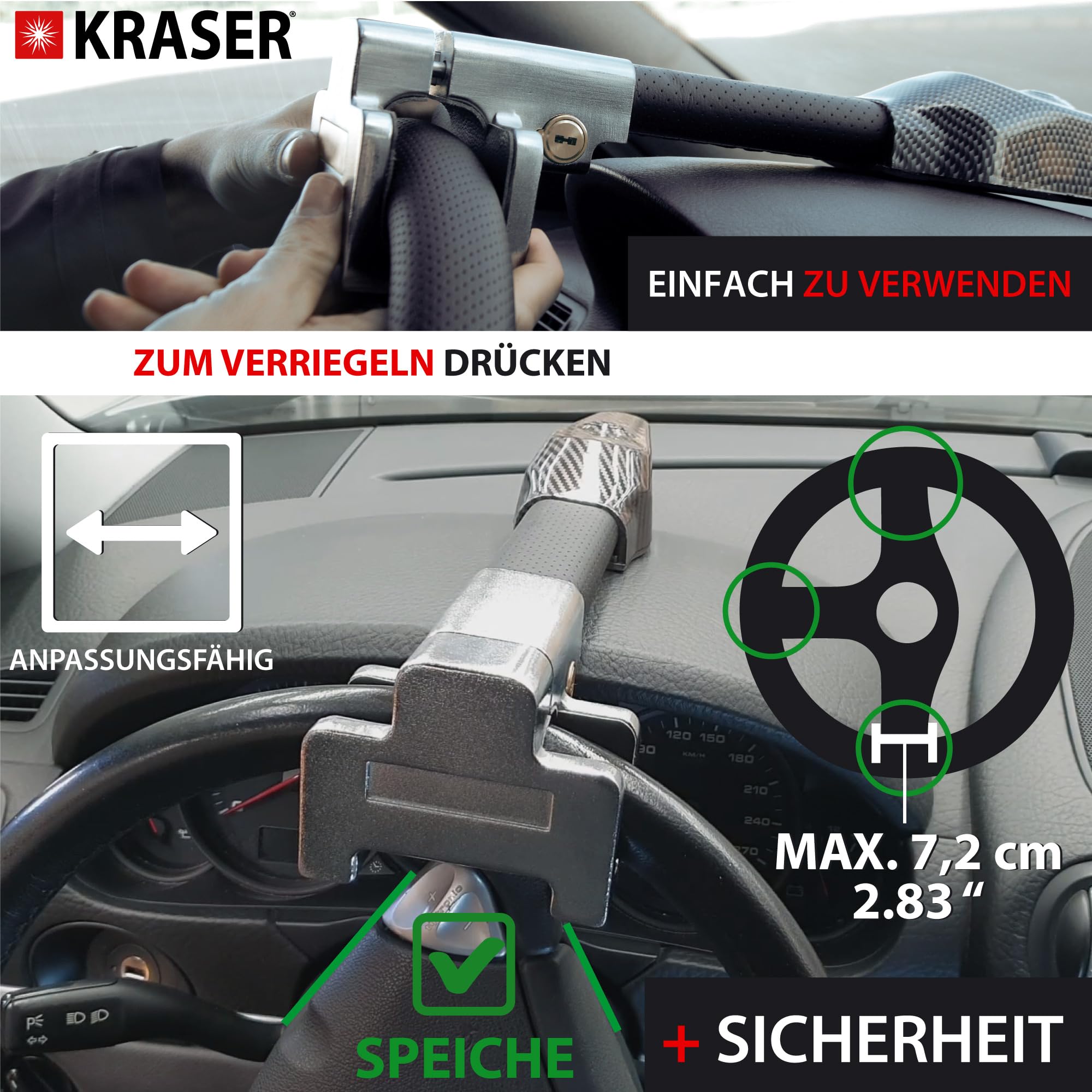 KRASER KR830 Lenkradkralle mit Alarm 120dB, Lenkradschloss Hochsicherheits, Lenkradsperre Diebstahlsicherung Universal für Auto Wohnmobil PKW