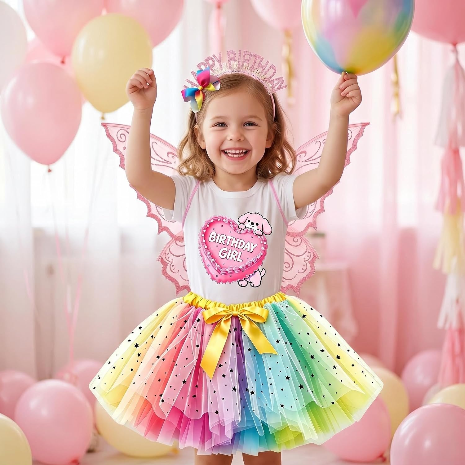 Birthday Girl Outfit Puppy Cake T-Shirt Tutu Skirt Wings Headband Satin Sash Bow 6 Pcs Princess Dress Set for 2-10 Years