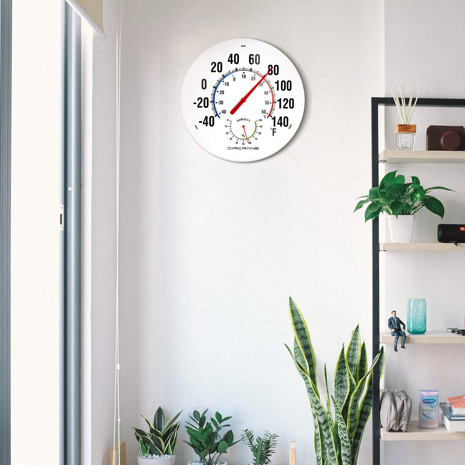 Circrane Termómetro redondo de 13.25 pulgadas con higrómetro, termómetro grande de pared interior, no requiere batería, color blanco