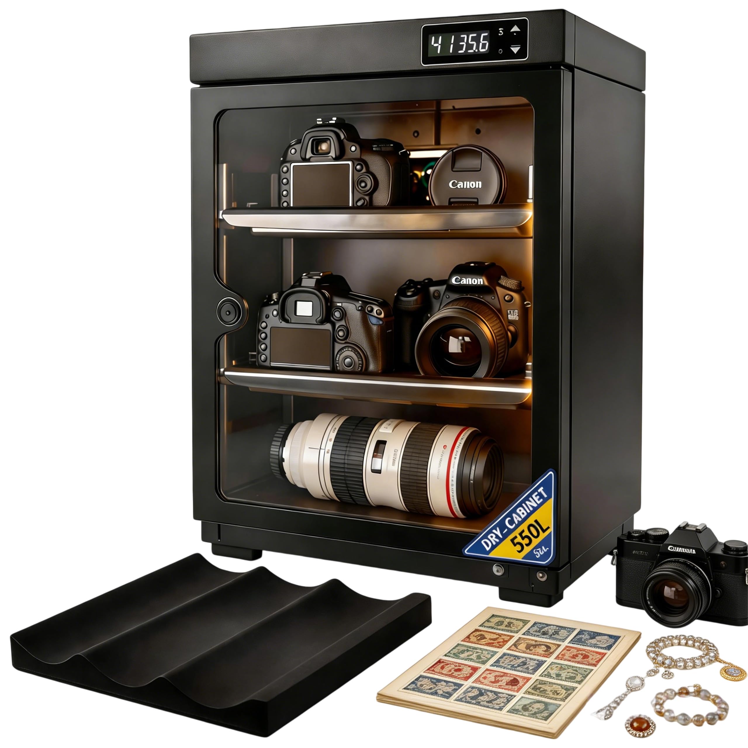 Trockenschrank 50L, Kamera Trockenbox mit LED Display und Digitalem Hygrometer, Elektronischer Trockenschrank für Kamera, Objektiv, Drohne, Briefmarken, Trockenbox für Zuhause & Fotografie Zubehör