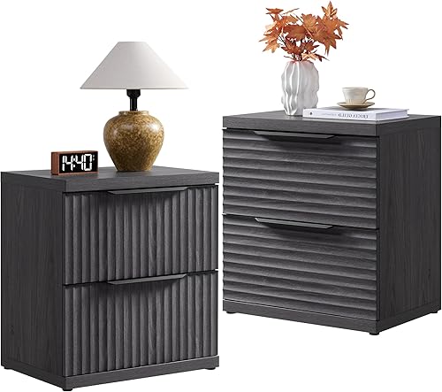 Miniatura 10 de SICOTAS Juego de 2 mesitas de noche acanaladas, moderna mesita de noche con 2 cajones grandes, mesita de noche de 22 pulgadas de ancho para Aliso
