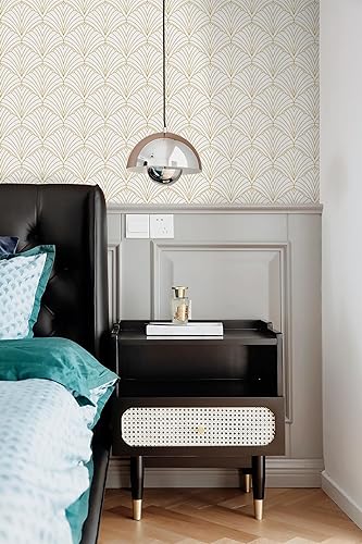 Miniatura 6 de Papel tapiz autoadhesivo de 17.3 x 118 pulgadas, papel tapiz blanco y dorado, papel tapiz geométrico de rayas festoneadas, papel de contacto