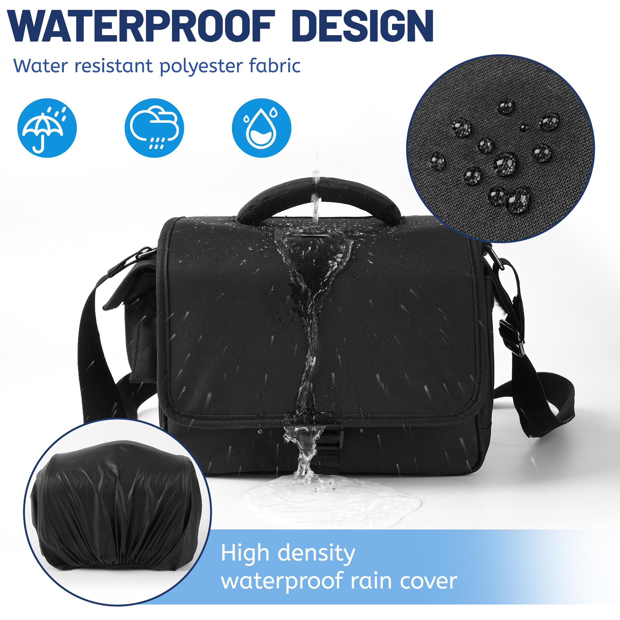 SLR Kameratasche, Wasserdicht Kamera Tasche mit Regenschutzhülle, Stoßfest Camera Bag mit Gepolstert, Fototasche zum Umhängen für den täglichen Gebrauch(Schwarz)