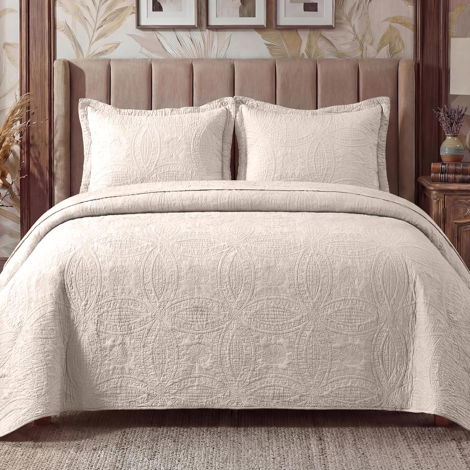 Poboton King Quilt Bedding Sets,Khaki Ultrasonic Lightweight King Size Coverlet,Coin Pattern Soft Bedspreads for All Season, (1 Quilt,2 Pillow Shams)