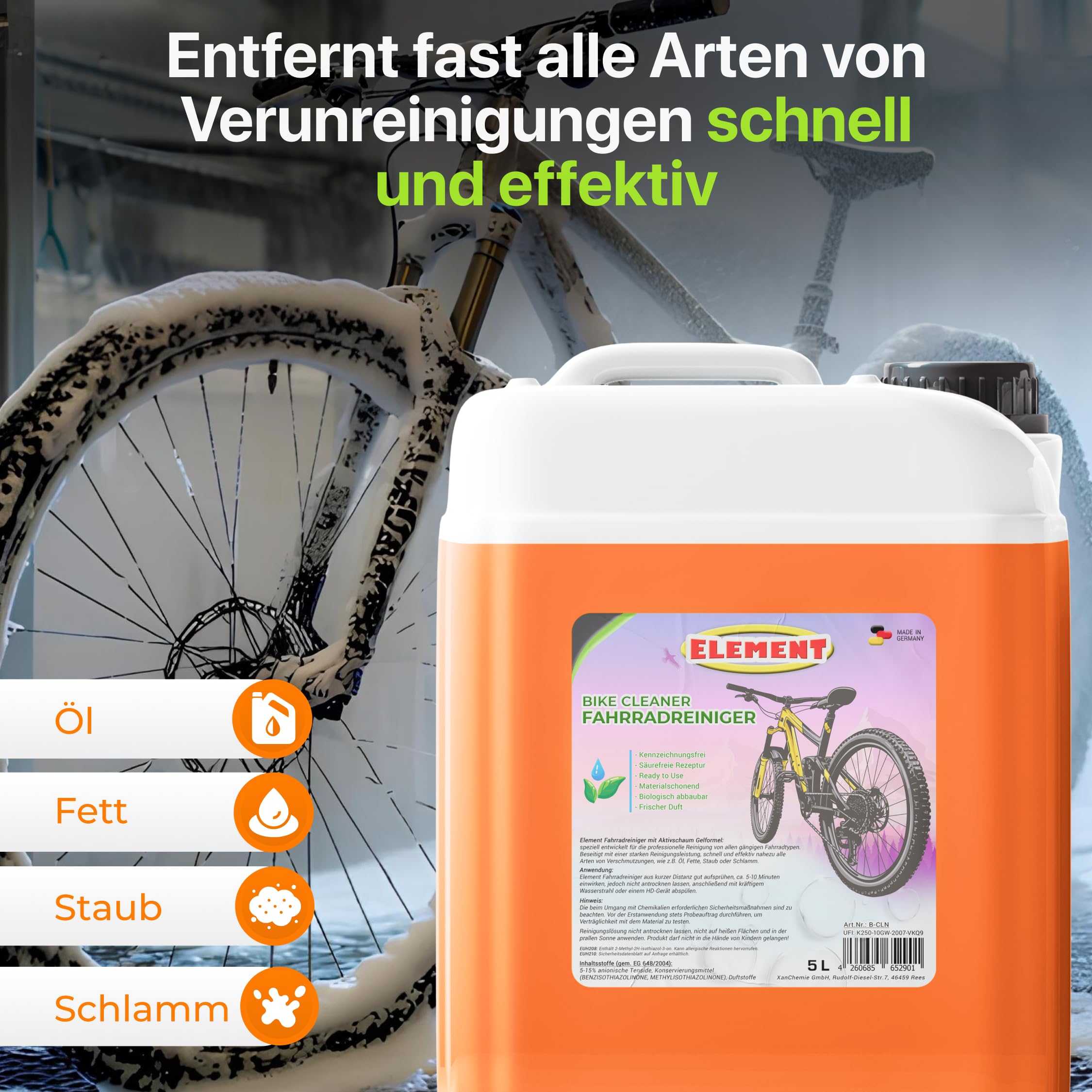 Element Fahrradreiniger I Bike Cleaner I 5 Liter I für alle Oberflächen I Fahrradpflege 5 L I Premium Reiniger für Fahrrad & E bike