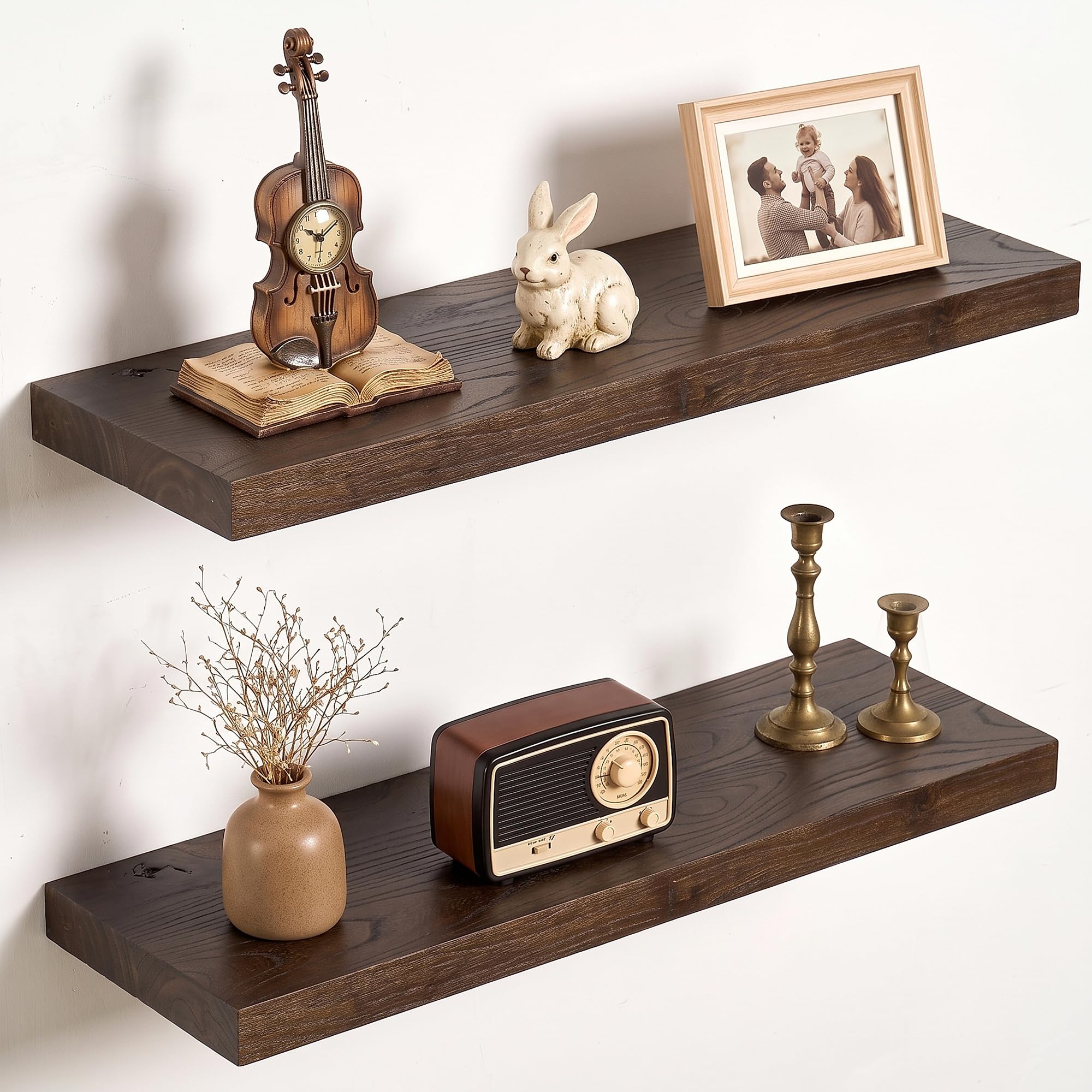 Vivelove Elm Wood Floating Shelf 24x8” Set of 2, Dark Walnut
