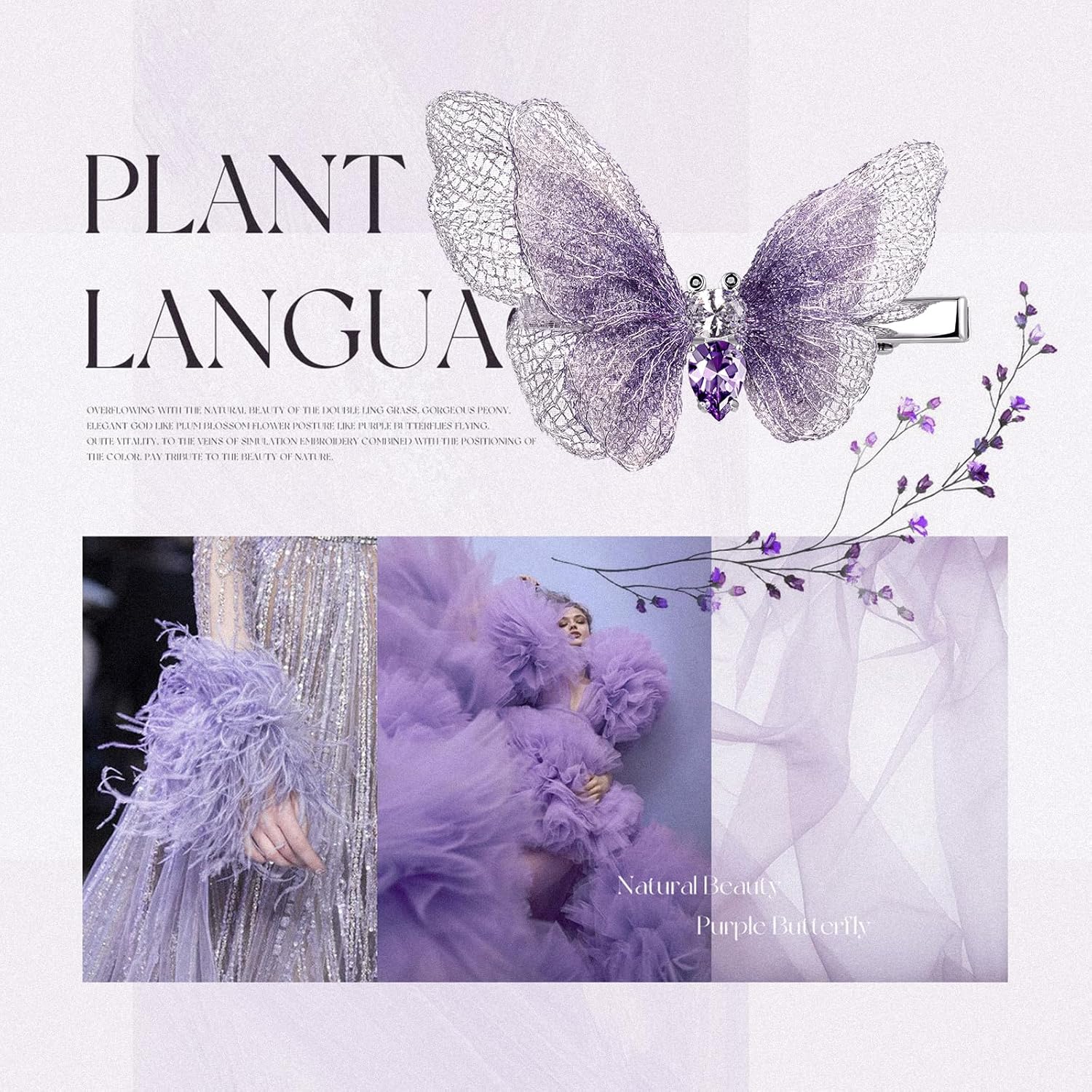 Butterfly Embroidery Hair Clips for women, SHE'S FREE STYLE JUST FOR YOU Premium hair claw clip with with Gradient Embroidery and Cubic Zirconia Inlay, Elegant Handmade Side Hair Accessories