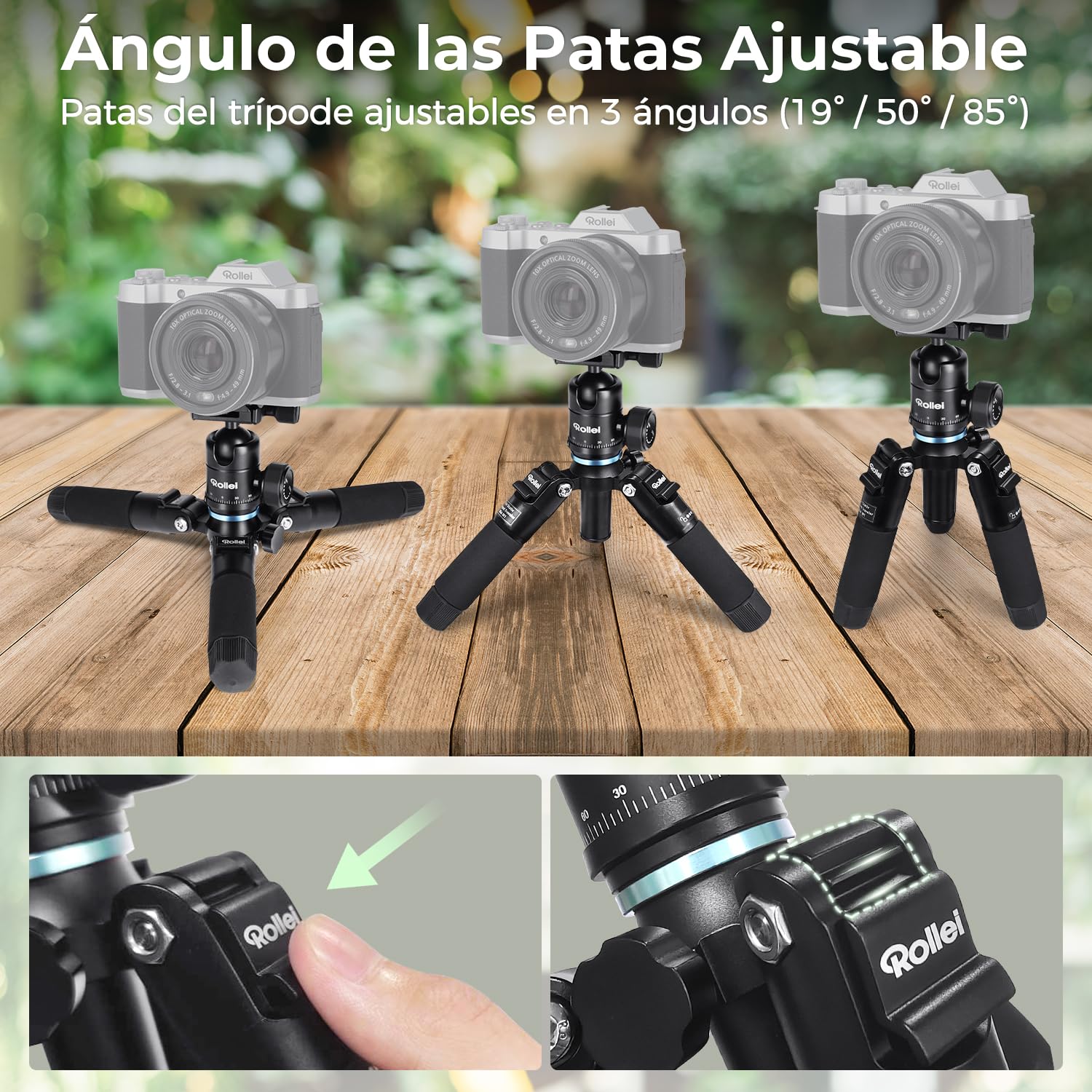 Rollei Mini Tripode Camara en Aluminio 49cm Compact Traveler Mini M1 | Trípode Pequeño Ligero de Viaja con Cabeza Esférica Arca Swiss Minitripode Mesa Compacto para DSLR Negro Carga 8kg