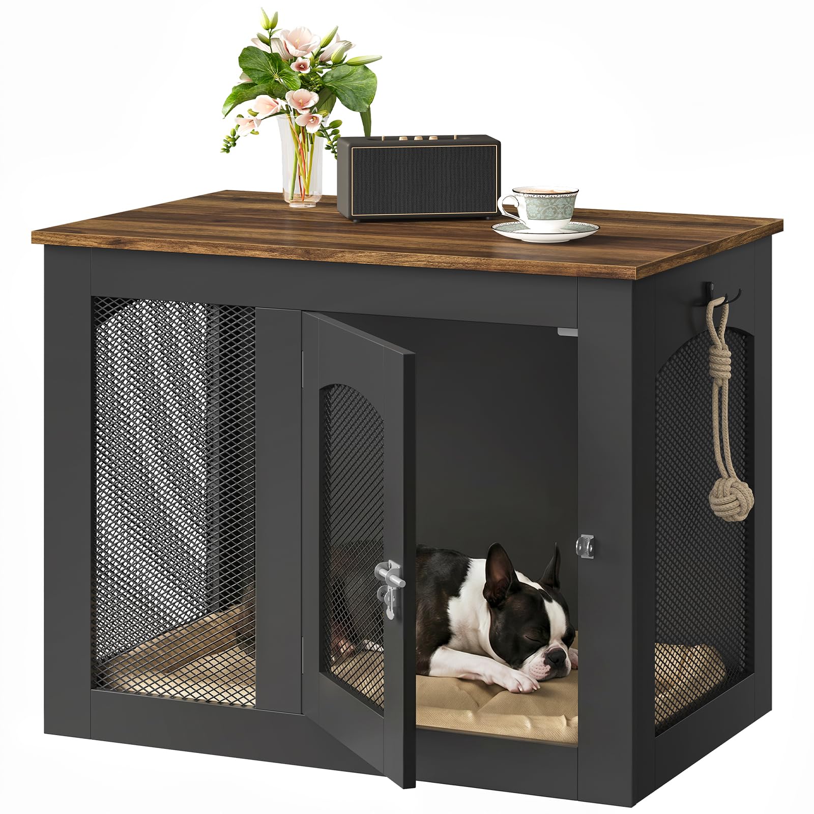 CHOEZON Wooden 30.1" Dog Crate Furniture, Farmhouse Pet Cage End Table with Secure Lock, Ventilated Mesh for Medium Dogs, Dog Kennel Furniture for