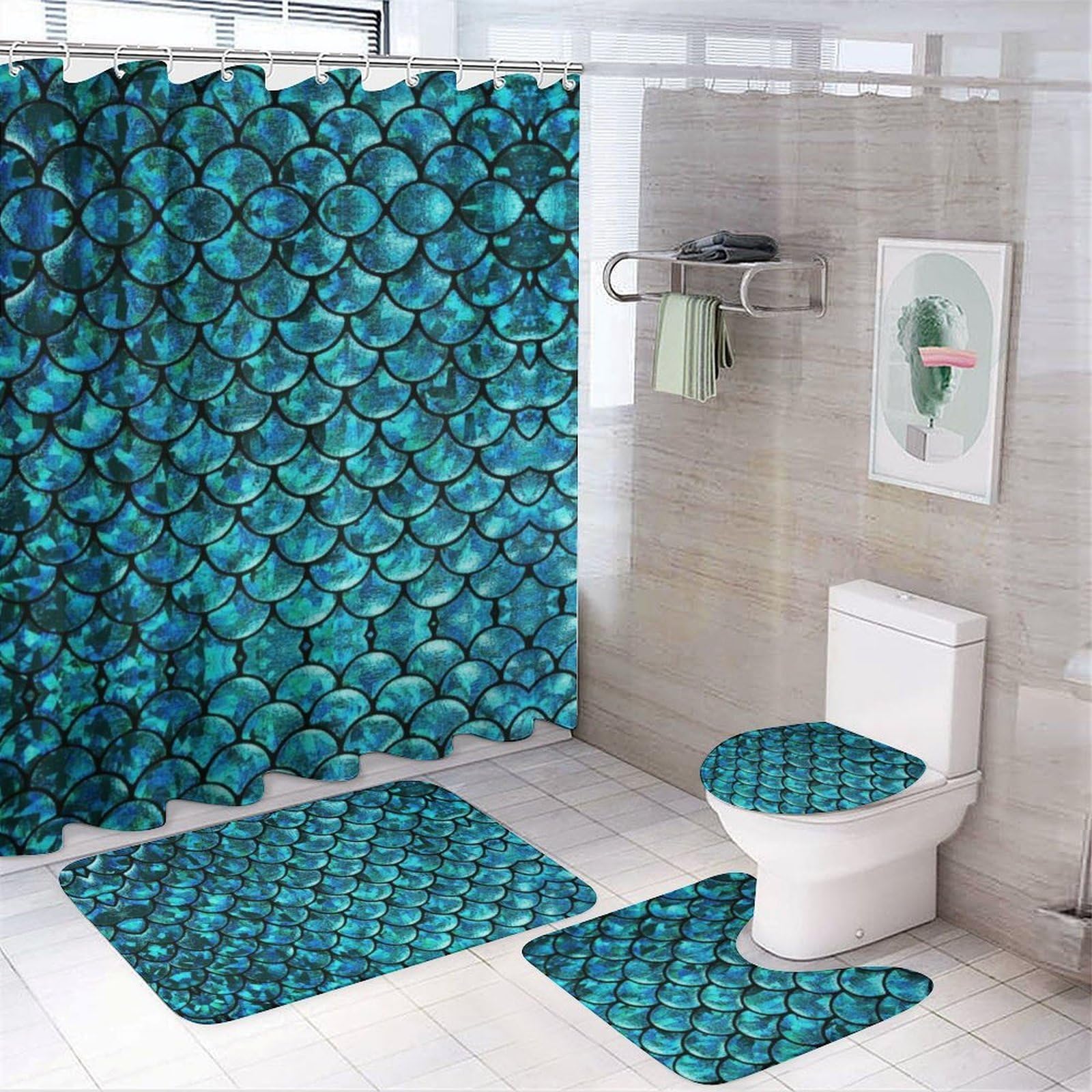 JZemdybill Bathroom Mat Set 4 Piece, Aquamarine Scales Shower Curtain with Non-Slip Bath Mats for Bathroom