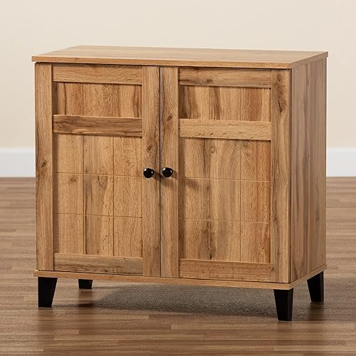 Miniatura 11 de Baxton Studio Glidden - Gabinete de almacenamiento de zapatos de 2 puertas de madera con acabado marrón roble moderno y contemporáneo