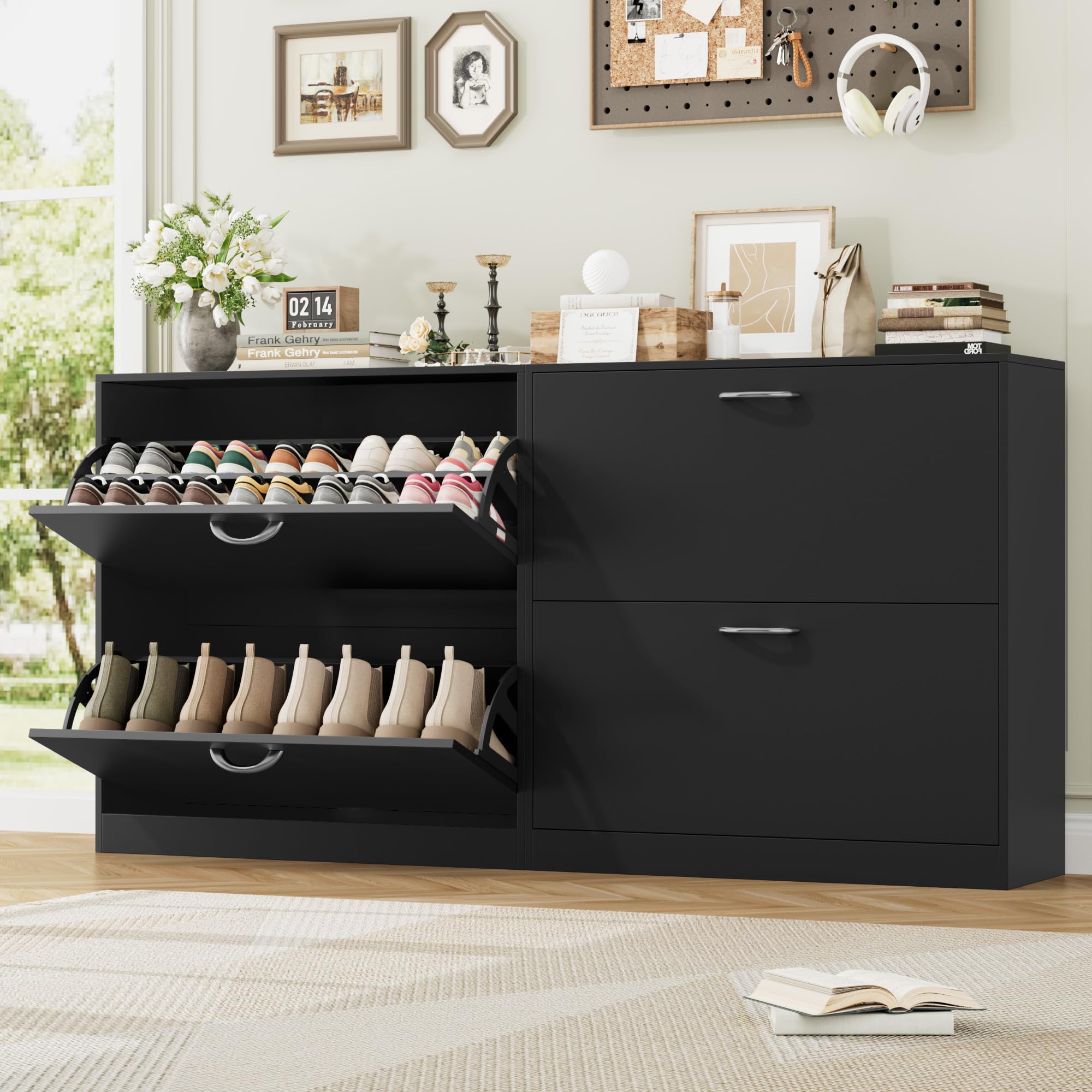 FirFurd Schuhschrank schwarz mit Schuhkipper für 8-16 Parre, Schuhregal platzsparend für Schuhaufbewahrung schmaler Schuhschrank 80cm breit für Diele, Flur, Eingang 80x80x23,5cm