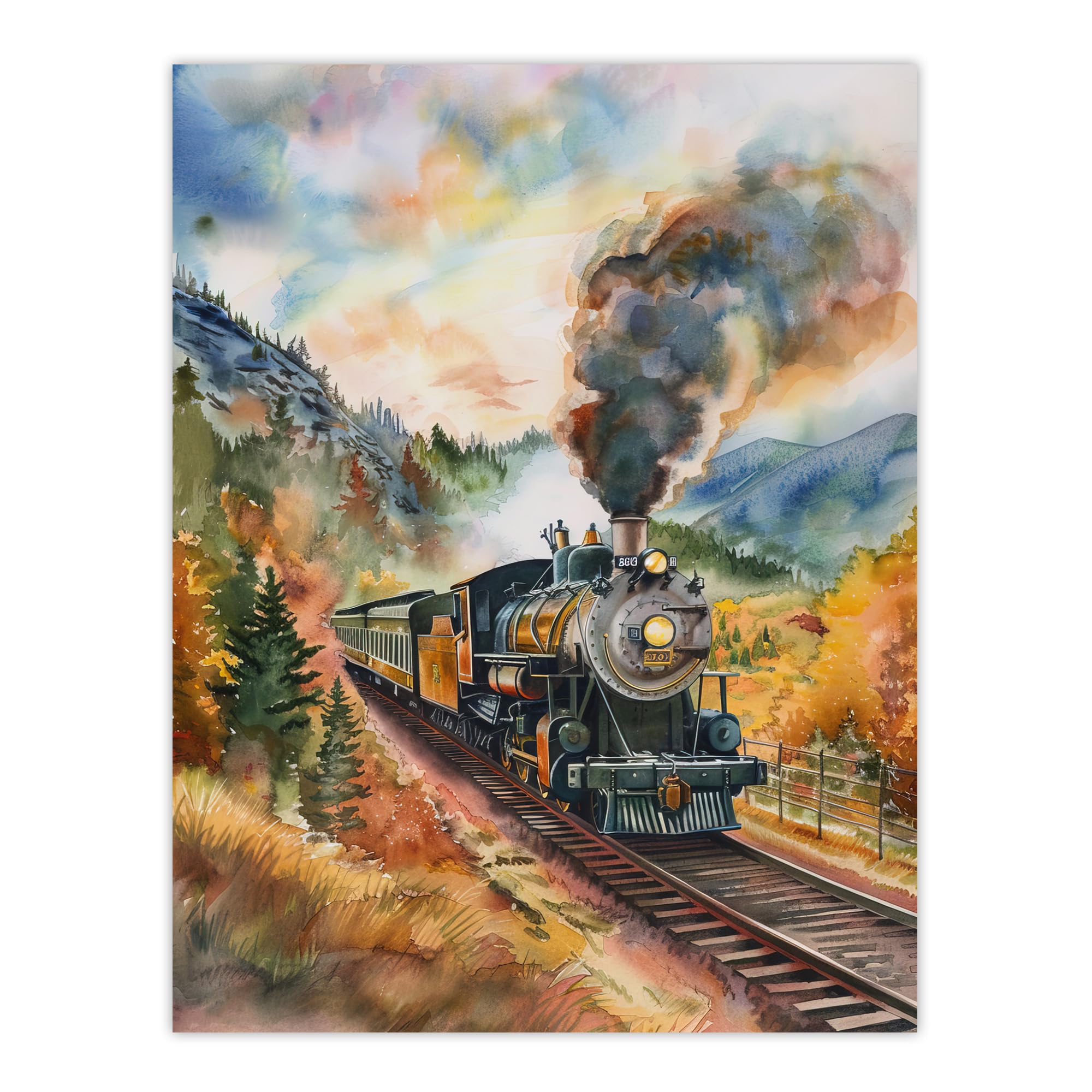 Artery8 Locomotive Train Passing Through Autumn Forest Living Room Large Wall Art Poster Print Thick Paper 18X24 Inch